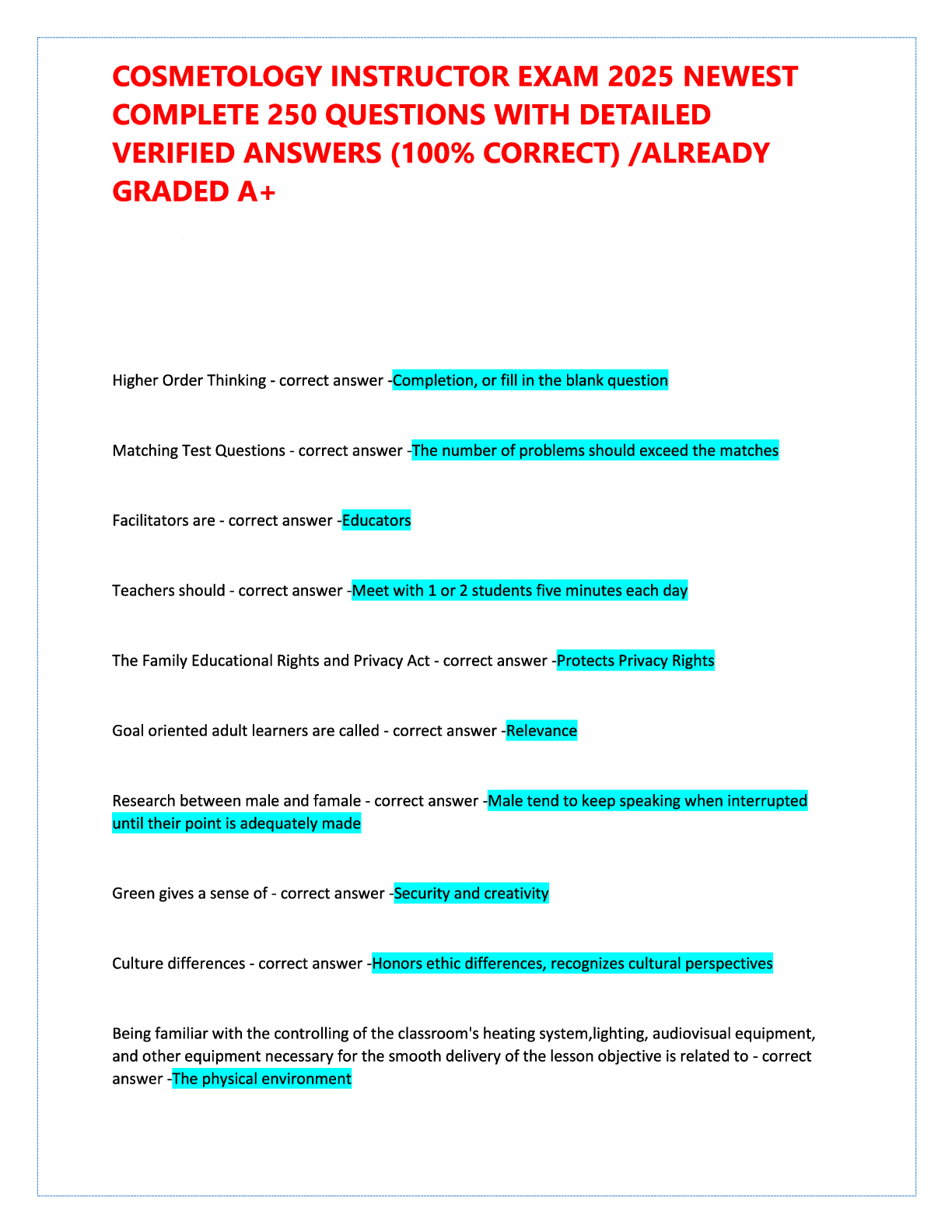 Preview image for COSMETOLOGY INSTRUCTOR EXAM 2025 LATEST COMPLETE 250 QUESTIONS WITH DETAILED VERIFIED ANSWERS (100% ACCURATE)  ALREADY GRADED A+