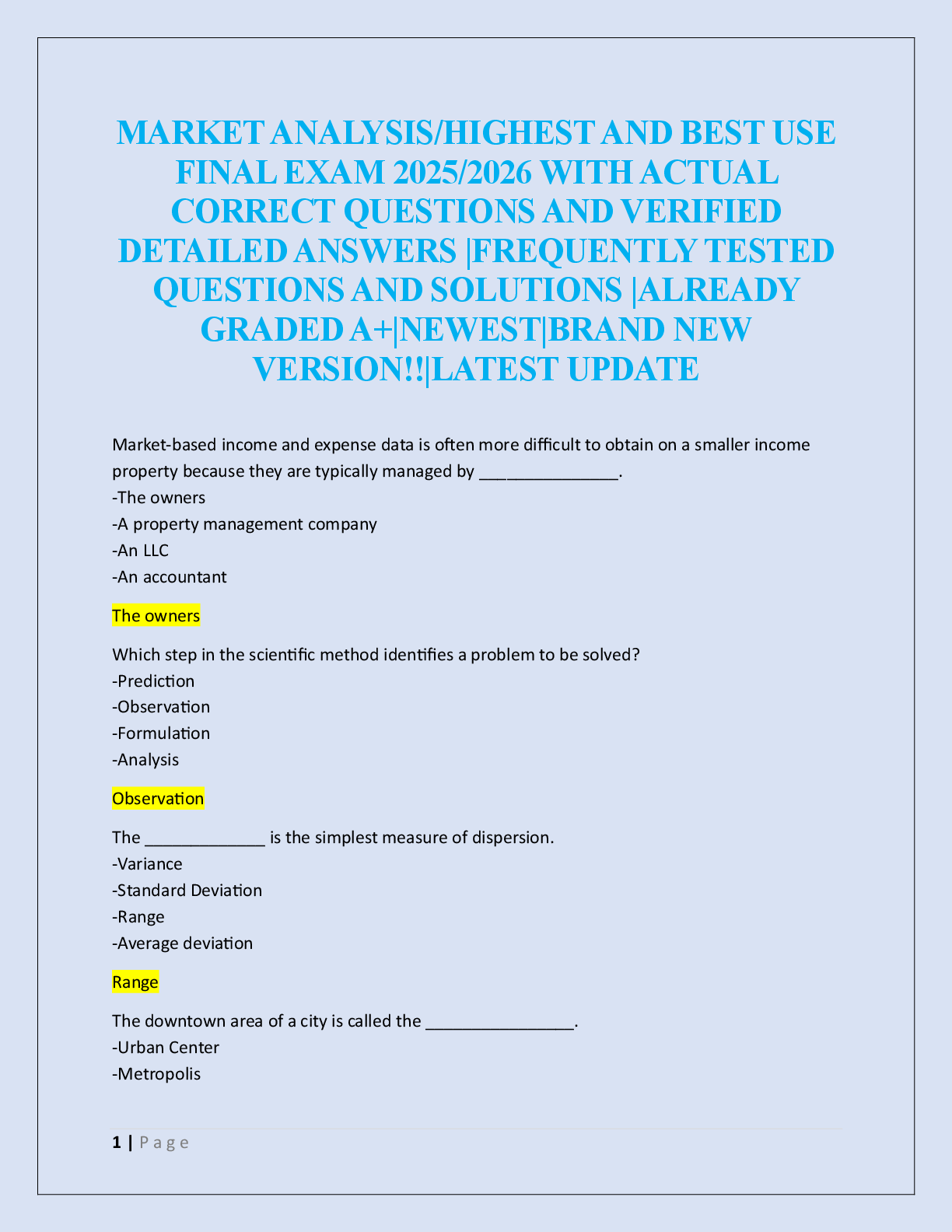 Preview image for MARKET ANALYSIS/HIGHEST AND BEST USE  FINAL EXAM 2025/2026
