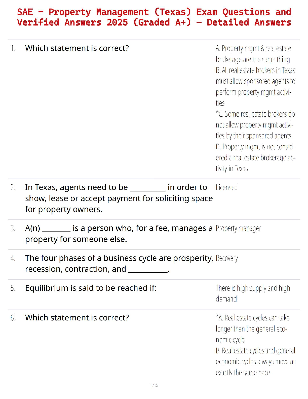 SAE - Property Management (Texas) Exam Questions and Verified Answers 2025 (Graded A+) – Detailed Answers