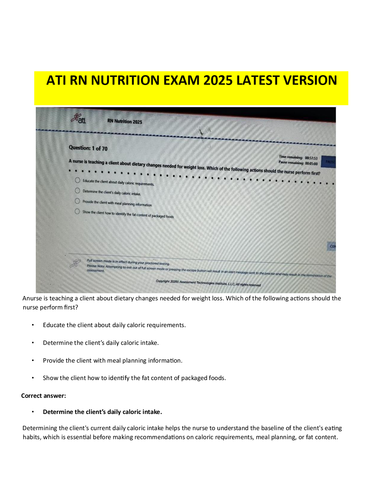 Preview image for ATI RN Nutrition 2023 Latest 2025 Proctored Exam with NGN: Questions & Answers to pSSS RN ATI Nutrition Proctored Exam with NGN.