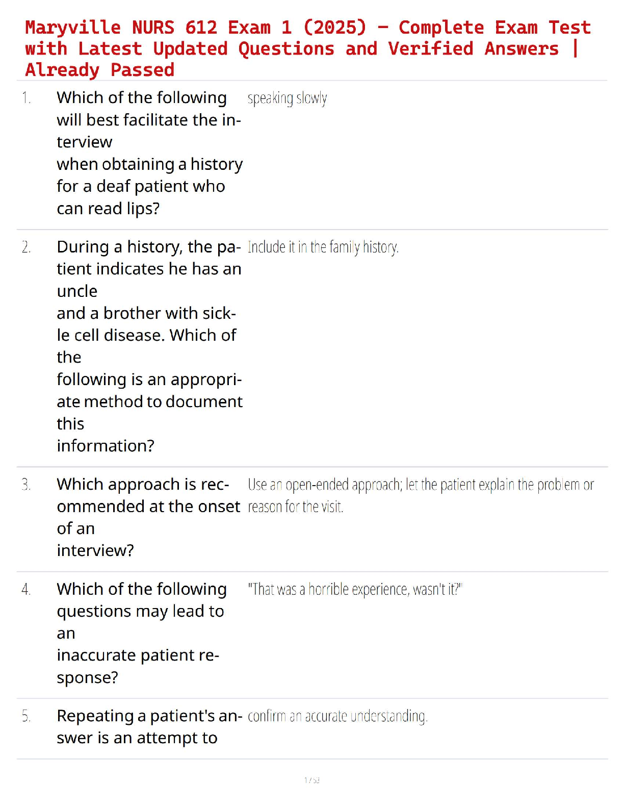 Maryville NURS 612 Exam 1 (2025) – Complete Exam Test with Latest Updated Questions and Verified Answers | Already Passed