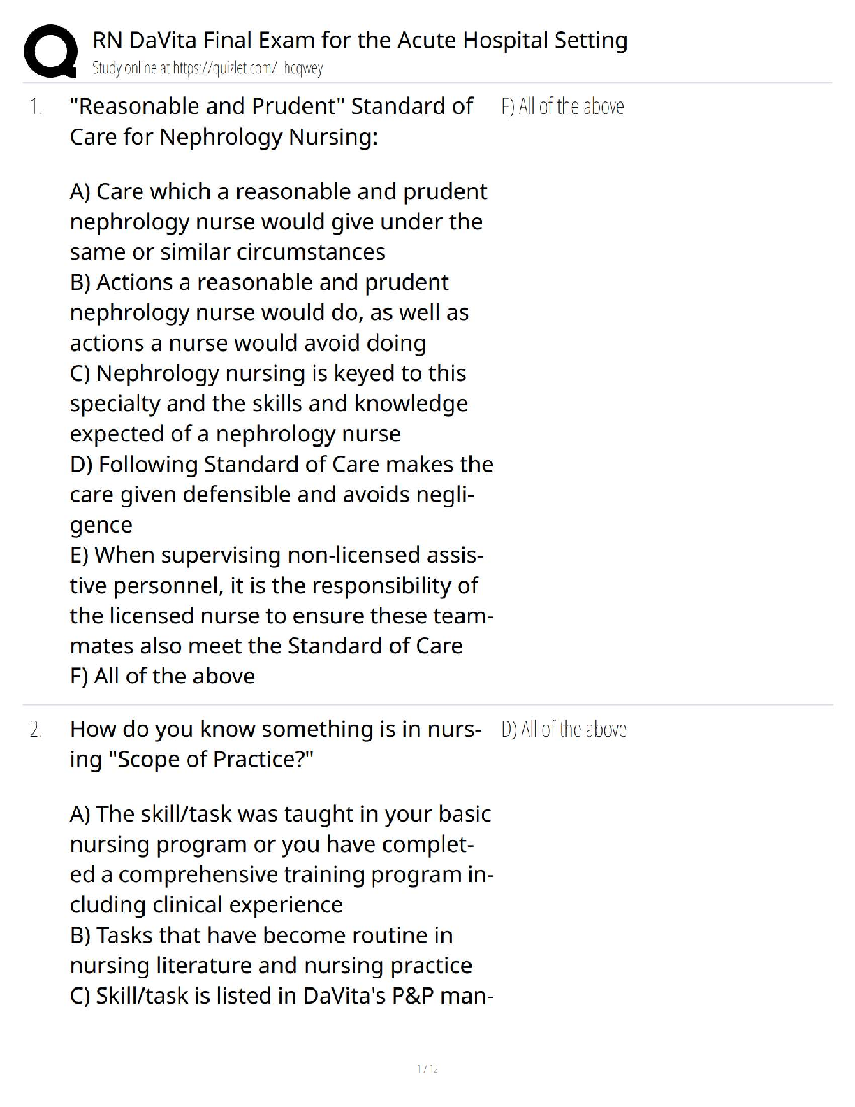 Preview image for RN DaVita Final Exam for the Acute Hospital Setting