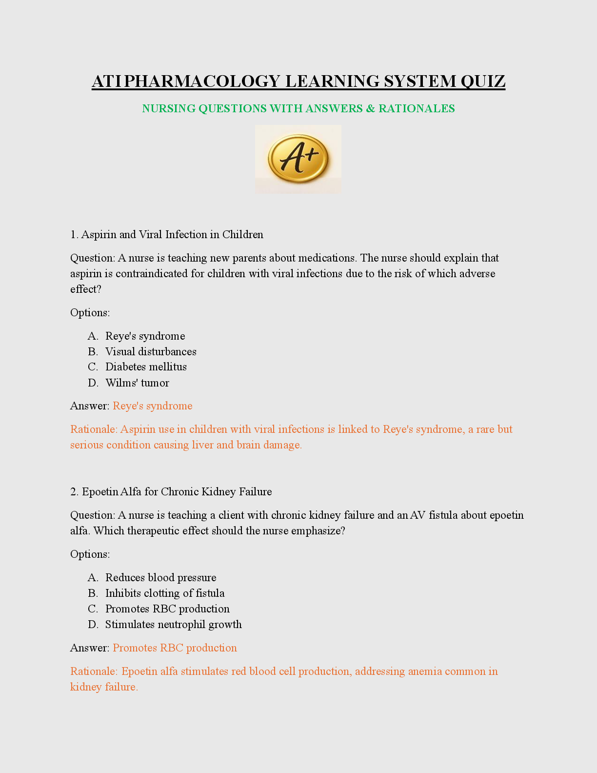 Preview image for ATI PHARMACOLOGY LEARNING SYSTEM QUIZ NURSING QUESTIONS WITH ANSWERS & RATIONALES