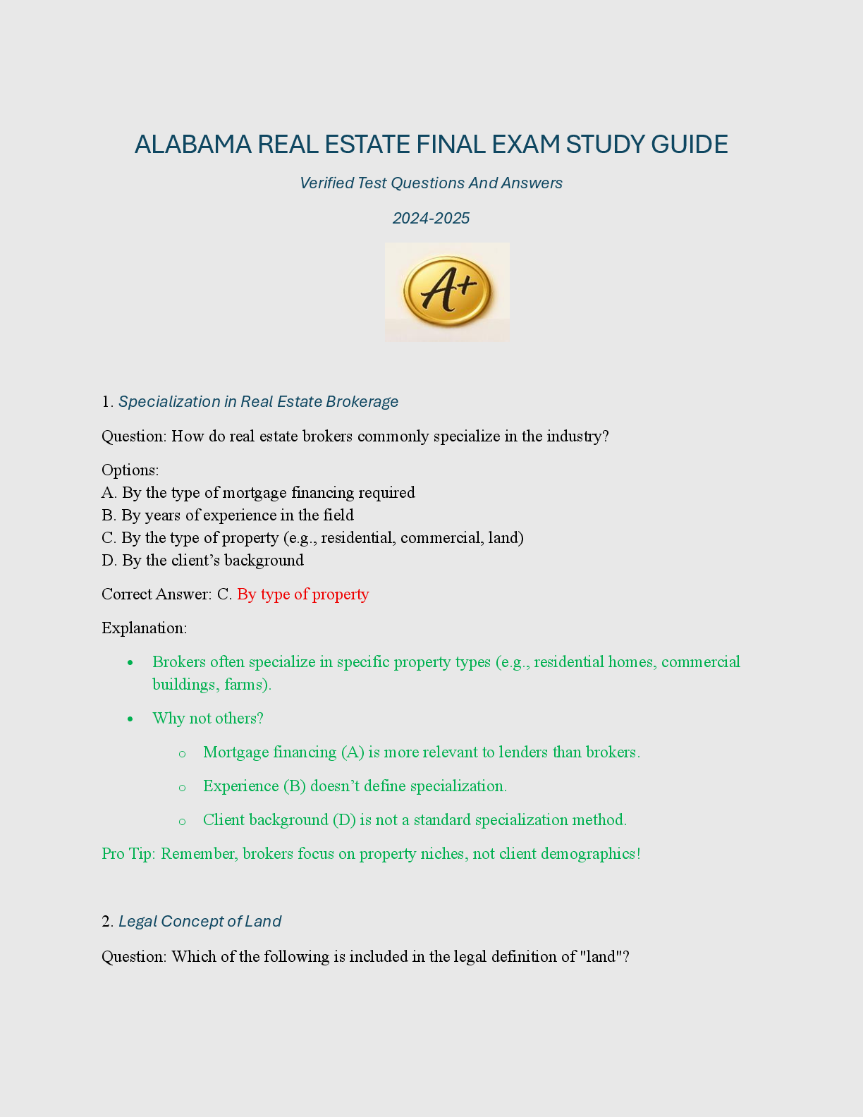 Preview image for ALABAMA REAL ESTATE FINAL EXAM STUDY GUIDE Verified Test Questions And Answers 2024-2025