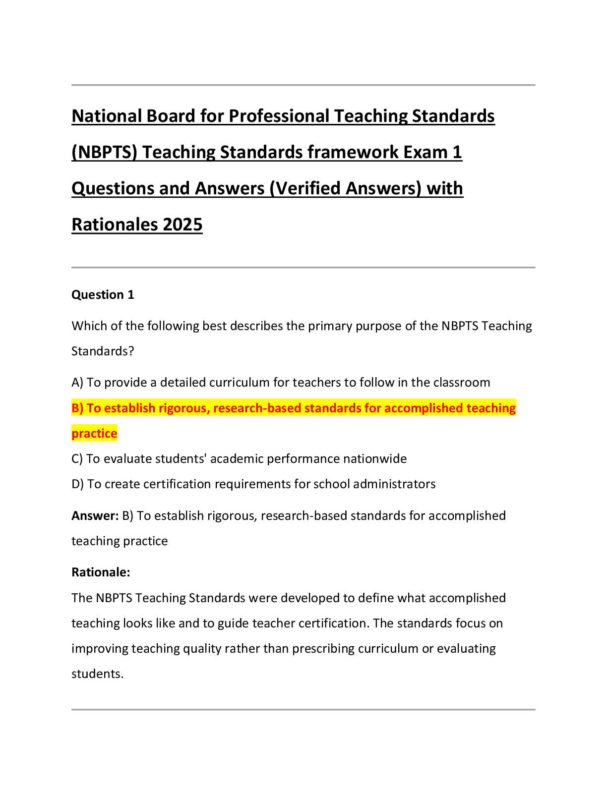 National Board for Professional Teaching Standards  (NBPTS) Teaching Standards framework Exam 1  Questions and Answers (Verified Answers) with  Rationales 2025