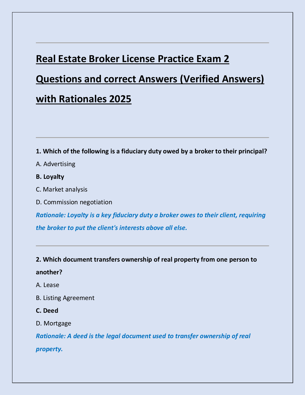 Real Estate Broker License Practice Exam 2  Questions and correct Answers (Verified Answers)  with Rationales 2025