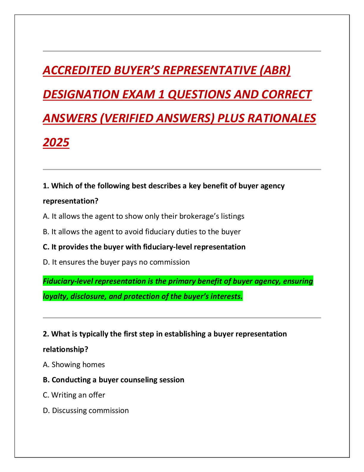 Preview of ACCREDITED BUYER’S REPRESENTATIVE (ABR)  DESIGNATION EXAM 1 QUESTIONS AND CORRECT  ANSWERS (VERIFIED ANSWERS) PLUS RATIONALES  2025