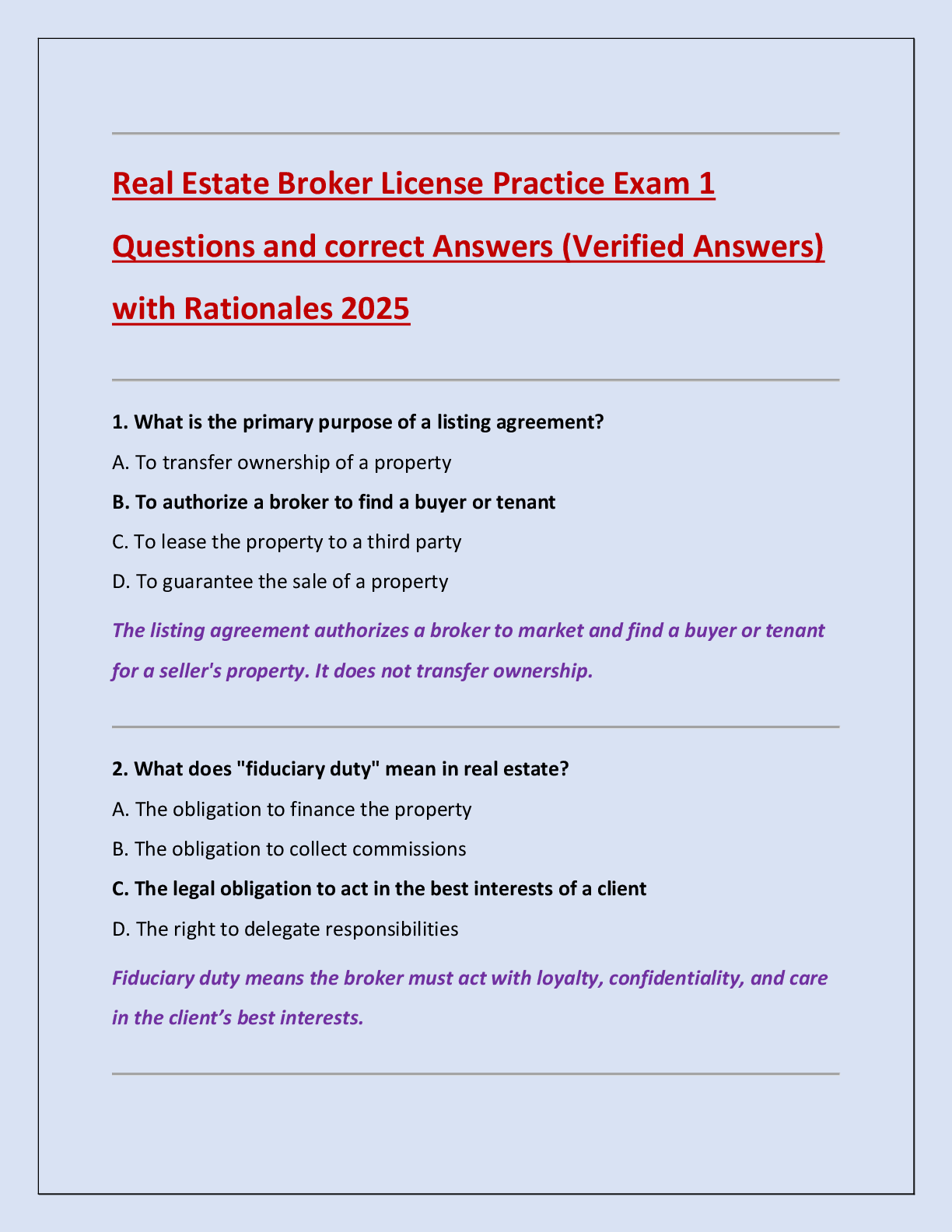 Real Estate Broker License Practice Exam 1  Questions and correct Answers (Verified Answers)  with Rationales 2025