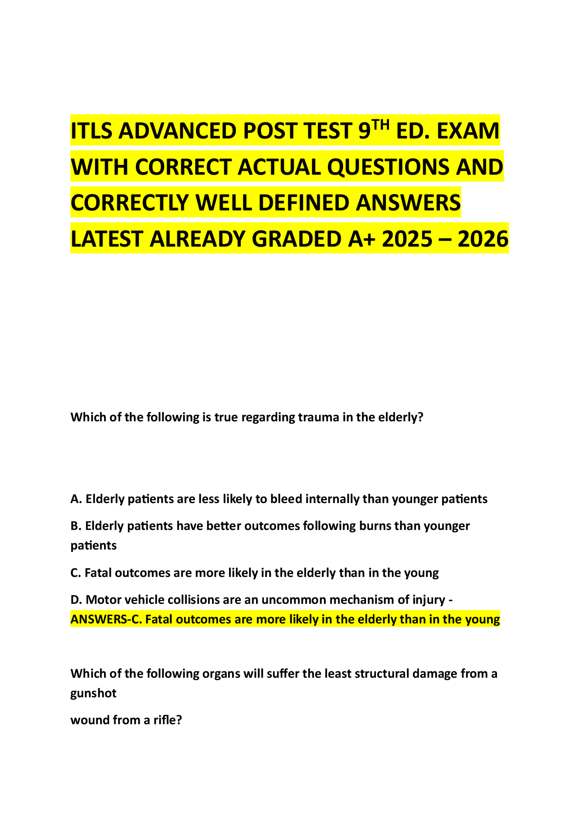 Preview image for ITLS ADVANCED POST TEST 9TH ED. EXAM WITH CORRECT ACTUAL QUESTIONS AND CORRECTLY WELL DEFINED ANSWERS LATEST ALREADY GRADED A+ 2025 – 2026