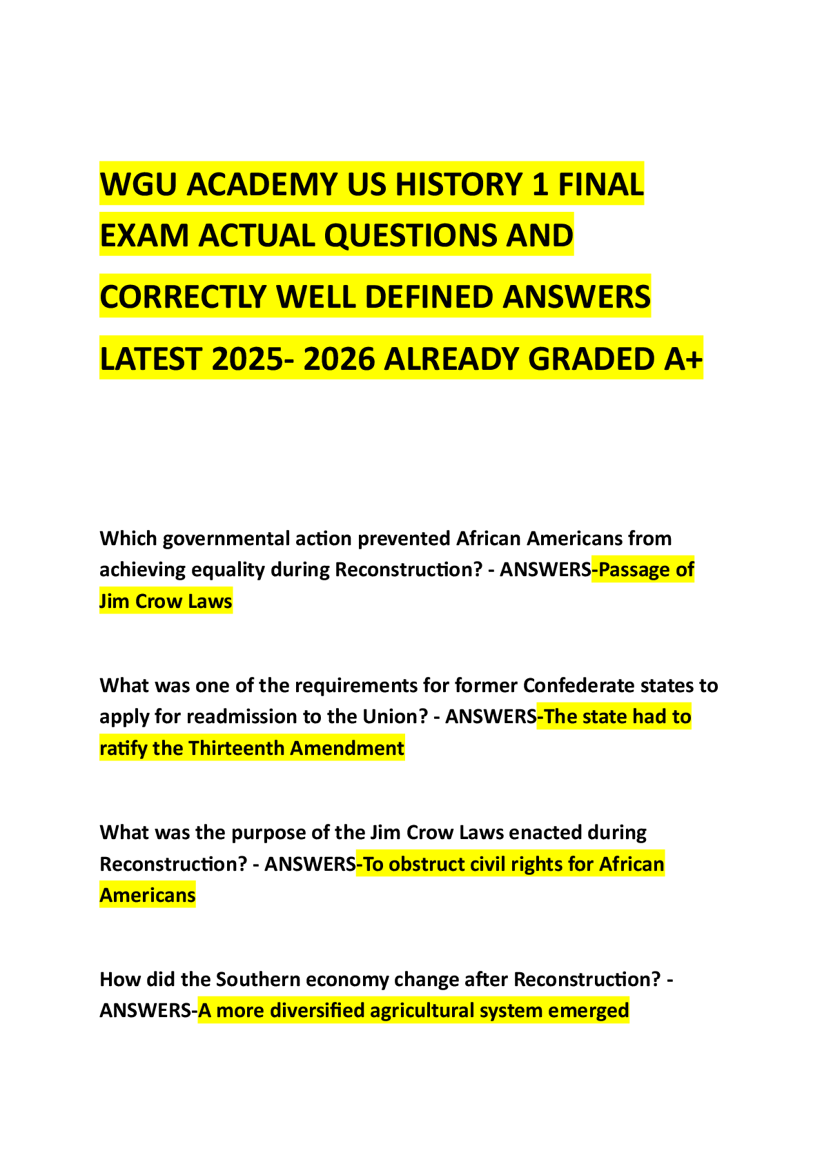 Preview image for WGU ACADEMY US HISTORY 1 FINAL EXAM ACTUAL QUESTIONS AND CORRECTLY WELL DEFINED ANSWERS LATEST 2025- 2026 ALREADY GRADED A+
