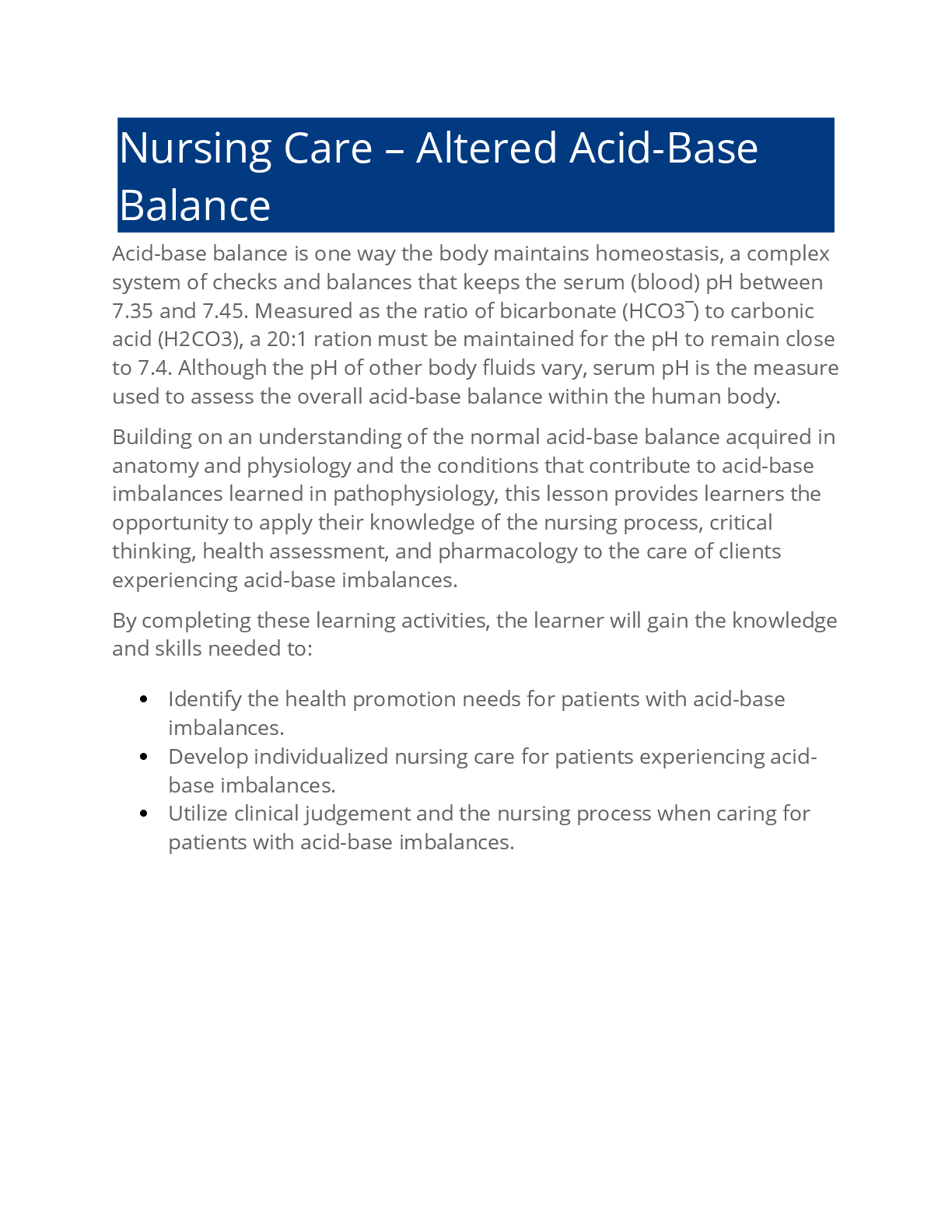 Preview of Nursing Care – Altered Acid Base Balance