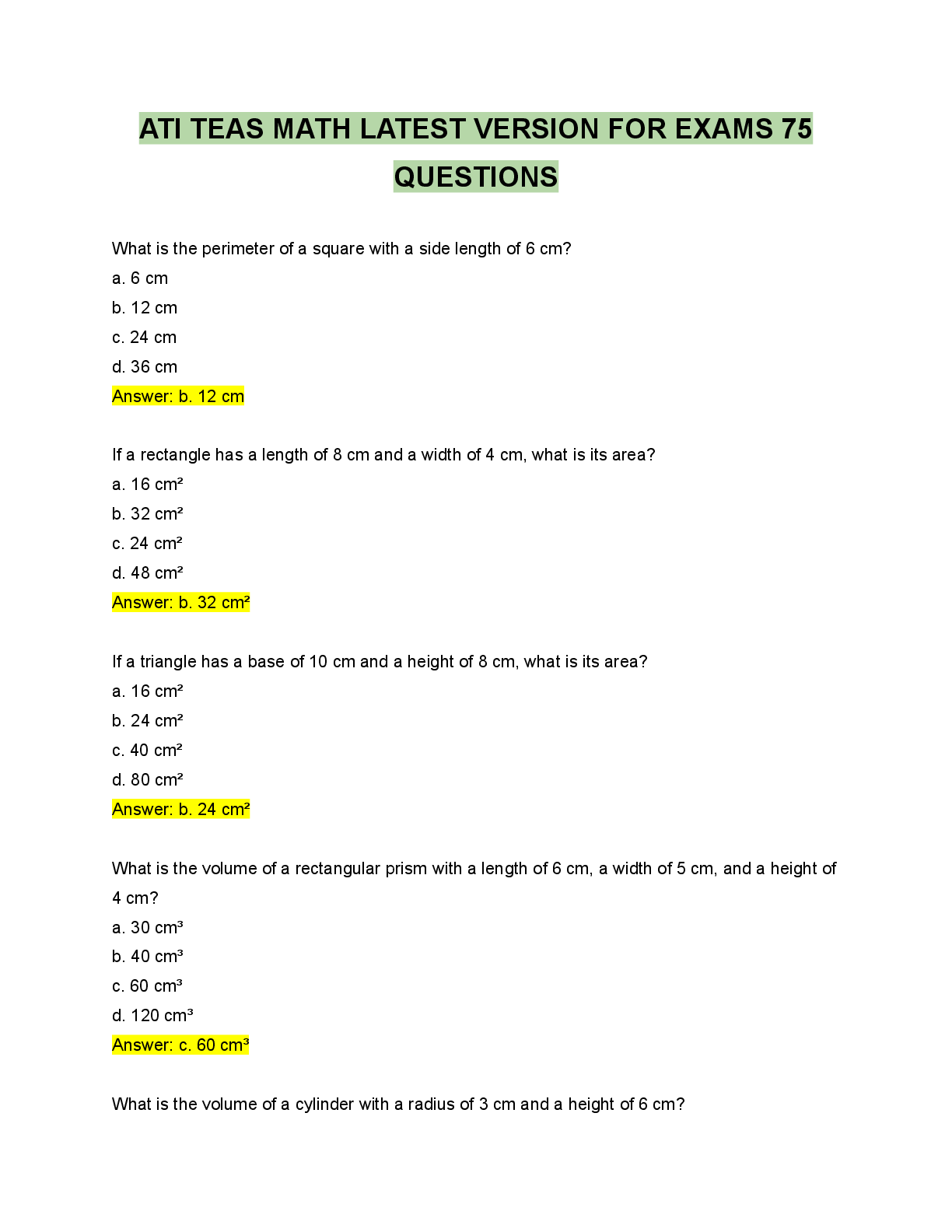 Preview image for ATI TEAS MATHS 2023