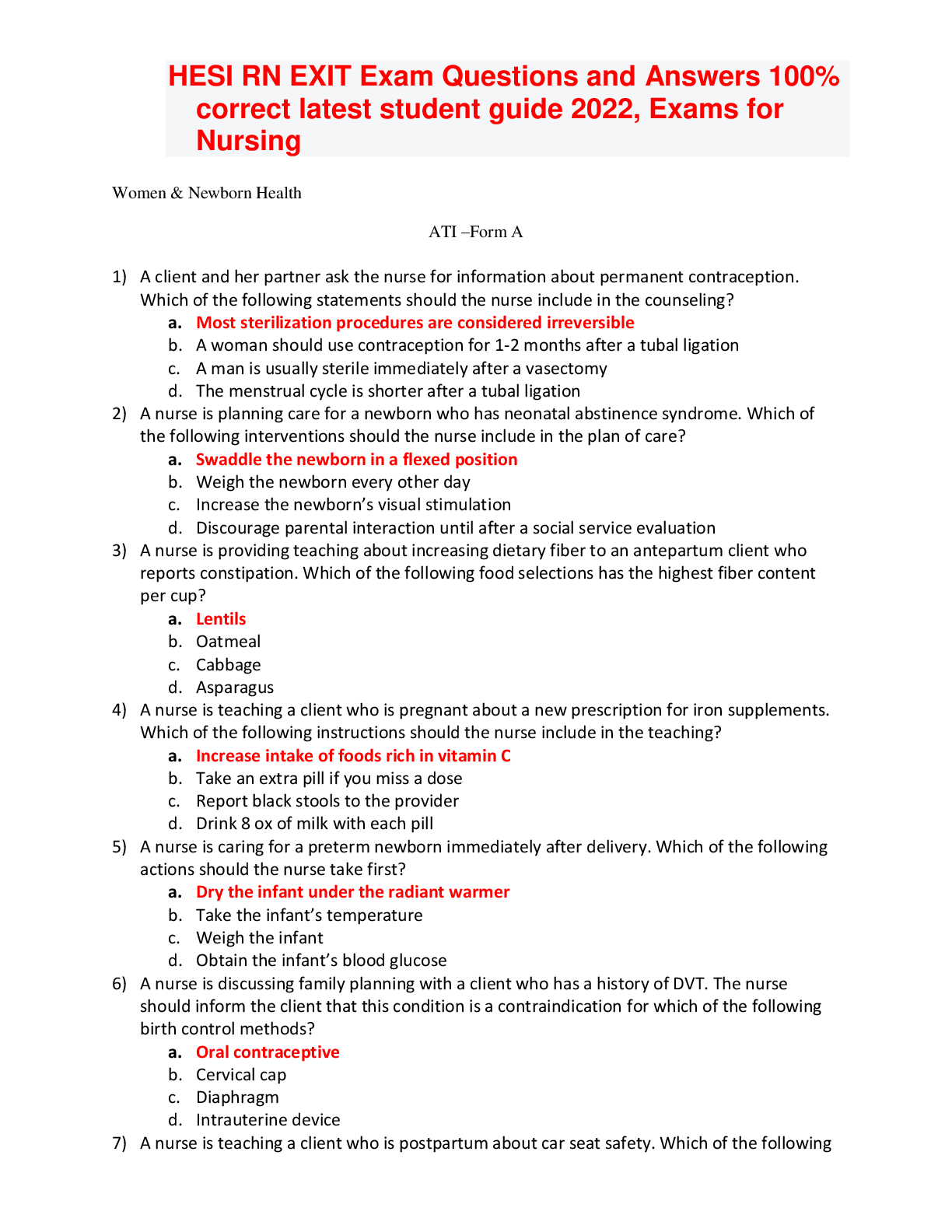 Preview image for HESI_RN_EXIT_Exam_Questions_and_Answers_100__correct_latest_student_guide_2022__Exams_for_Nursing