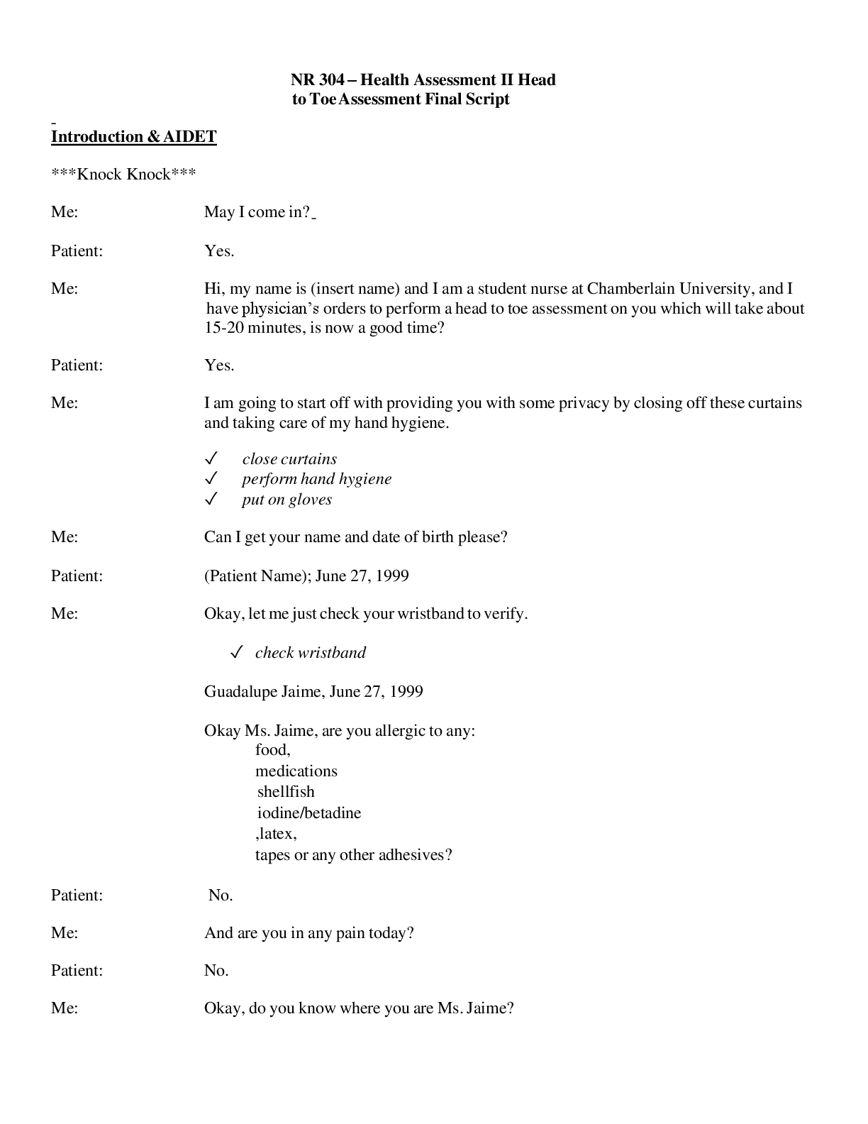 Preview image for NR304 HealthAssessmentIIHeadiiiiiitoToeAssessmentFinalScript