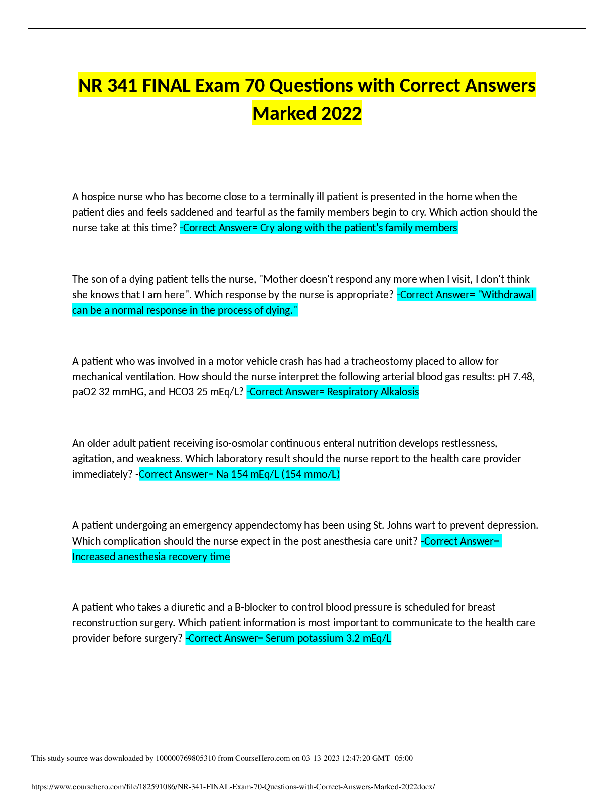 Preview image for NR 341 FINAL Exam 70 Questions with Correct Answers