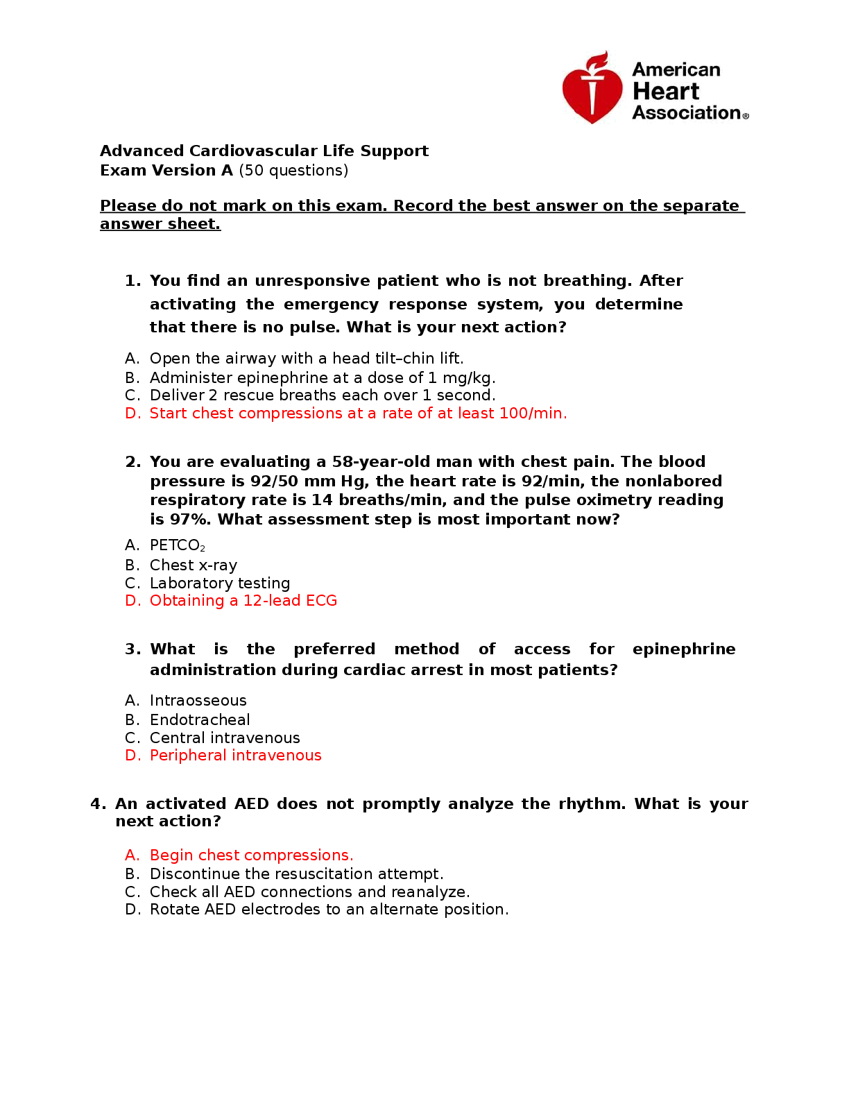 Preview of Advanced Cardiovascular Life SupportExam Version A