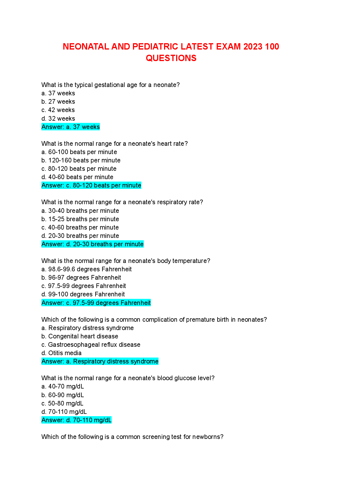 Preview image for NEONATAL EXAM 100 QUESTIONS