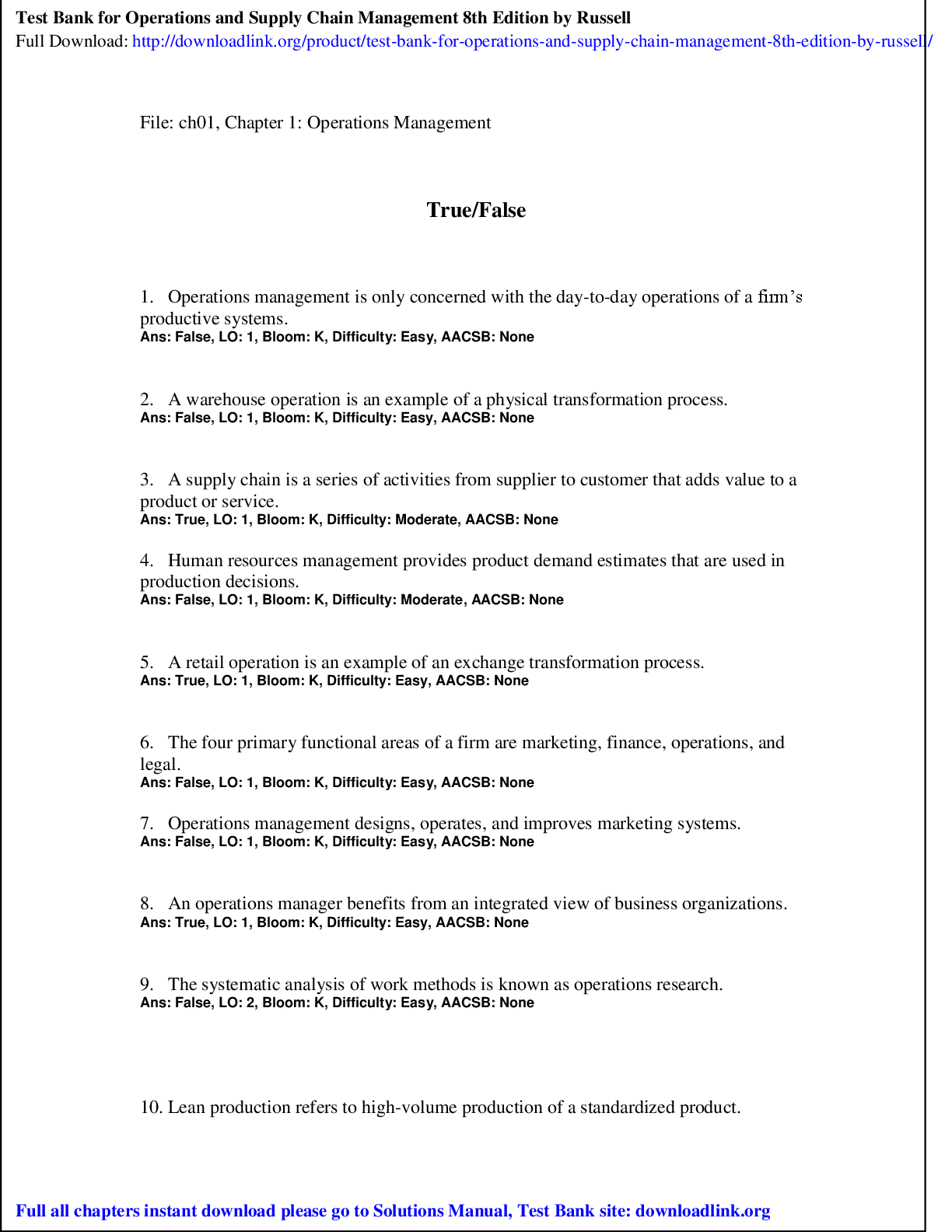 Preview image for Test Bank for Operations and Supply Chain Management 8th Edition by Russell