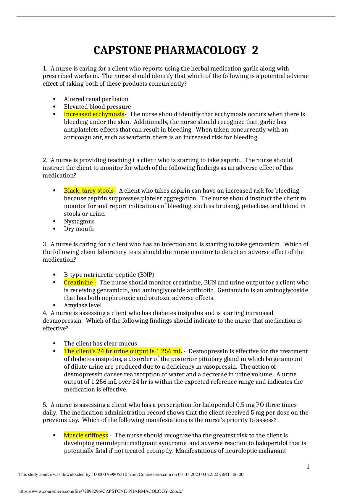 Preview image for CAPSTONE PHARMACOLOGY 2 QUESTIONS AND ANSWERS 2023
