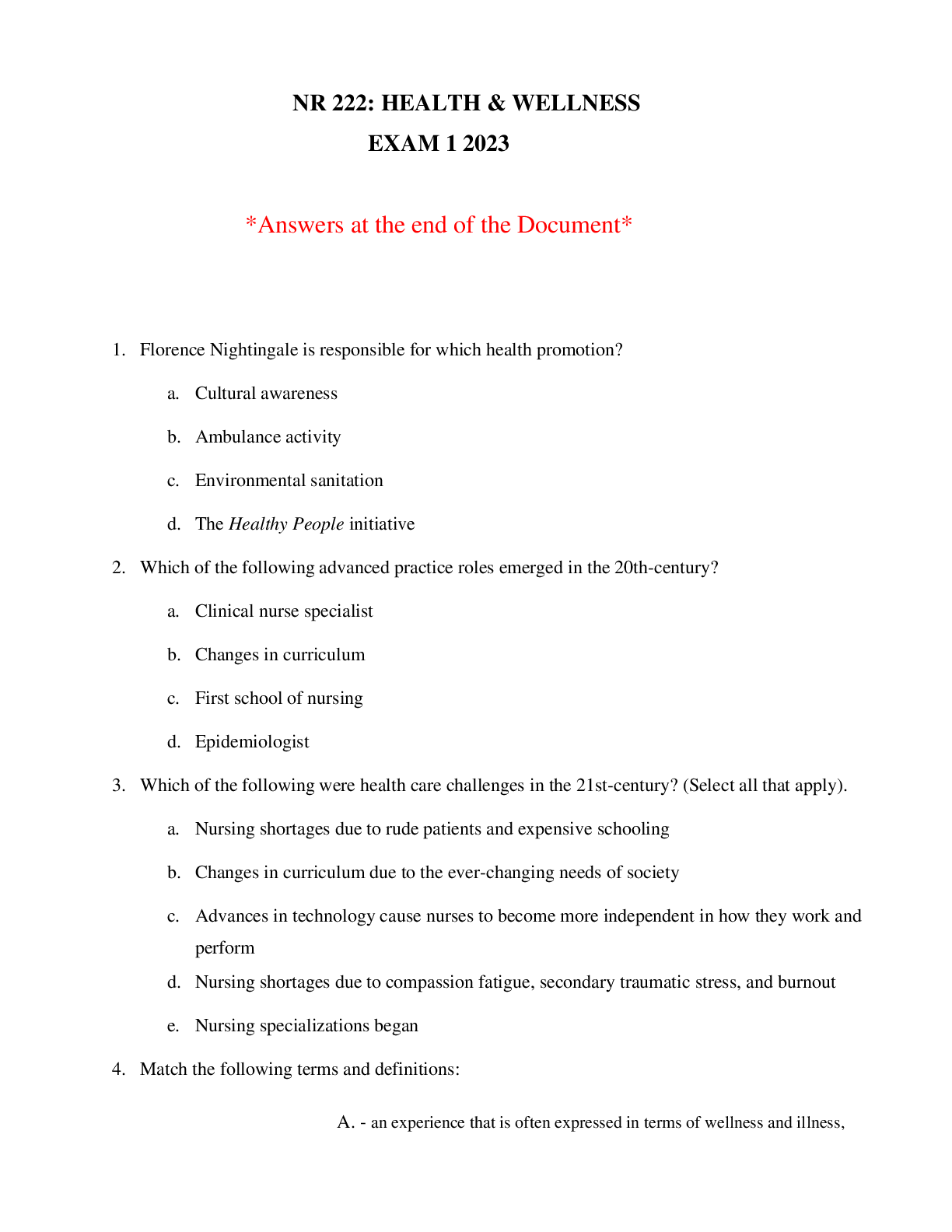 Preview image for NR 222 HEALTH AND WELLNESS EXAM QUESTIONS AND ANSWERS 2023