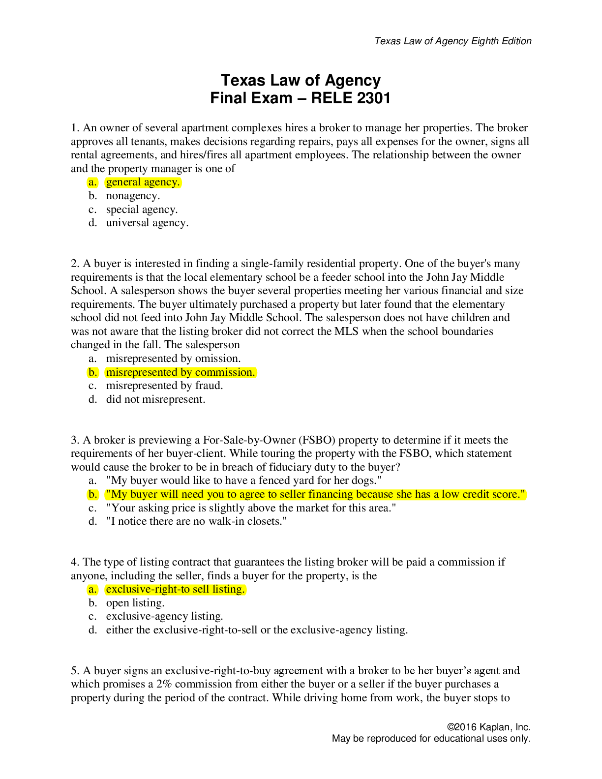 Preview image for Texas Law of AgencyFinal Exam–RELE 2301