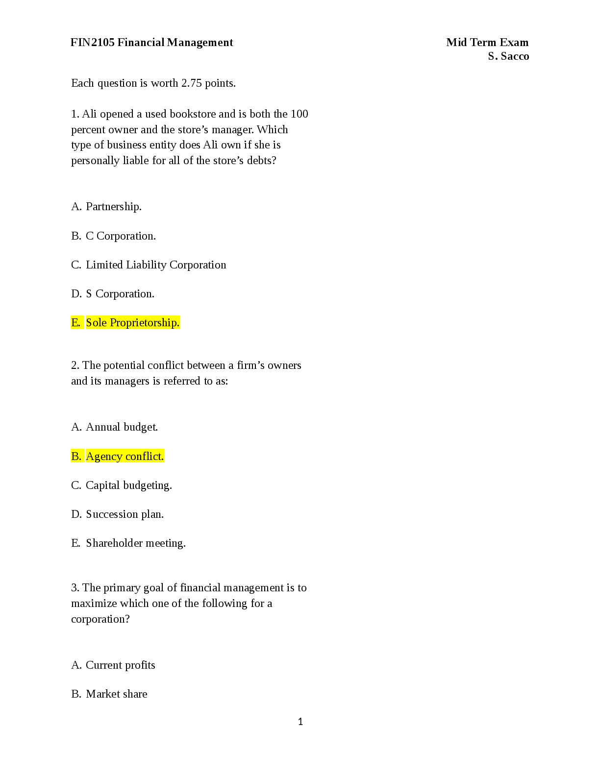 Preview of FIN2105 Financial Management