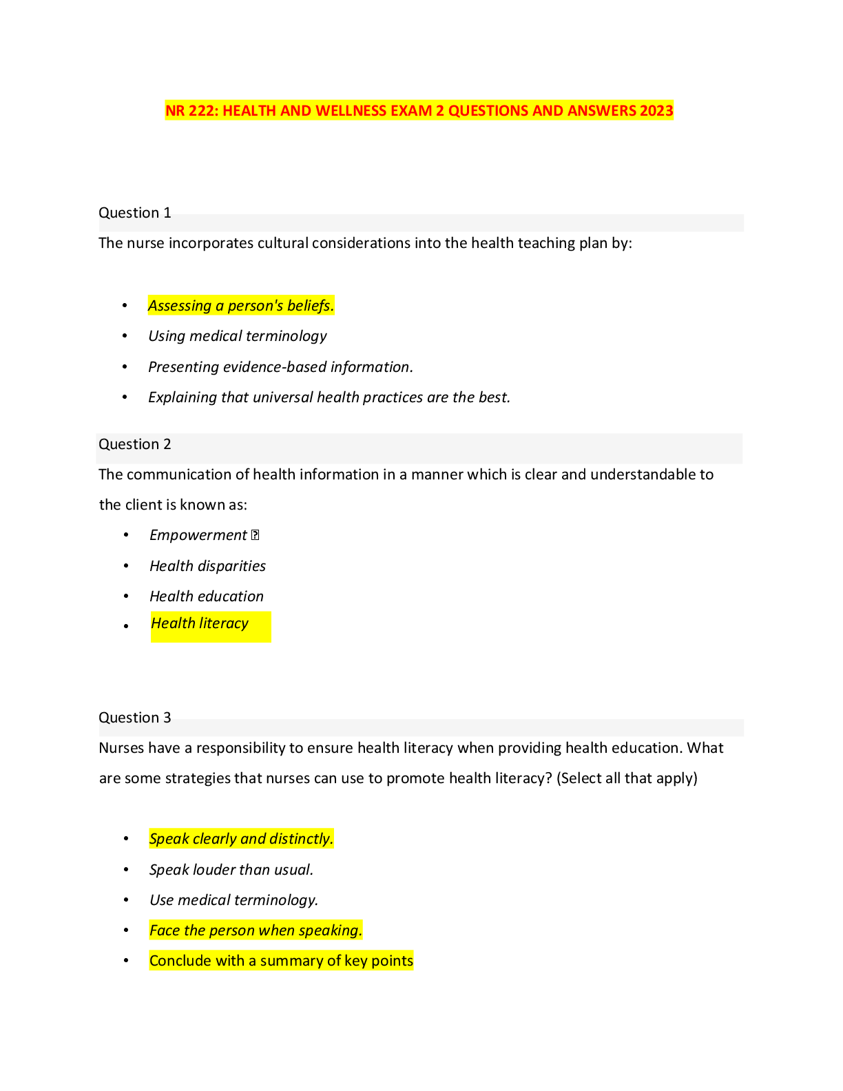 Preview image for NR222 EXAM 2 QUESTIONS AND ANSWERS 2023