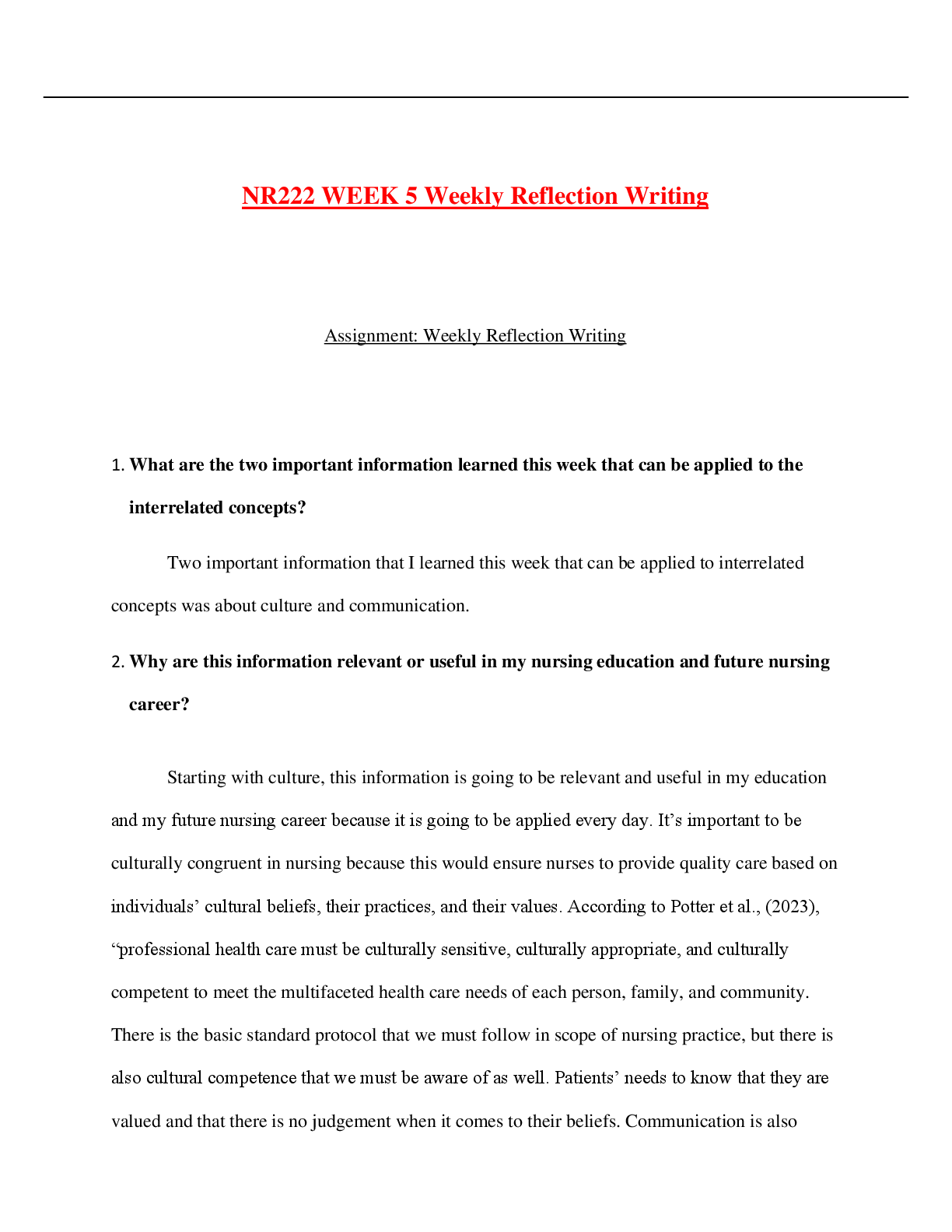Preview image of NR222 WEEK 5 Weekly Reflection Writing document
