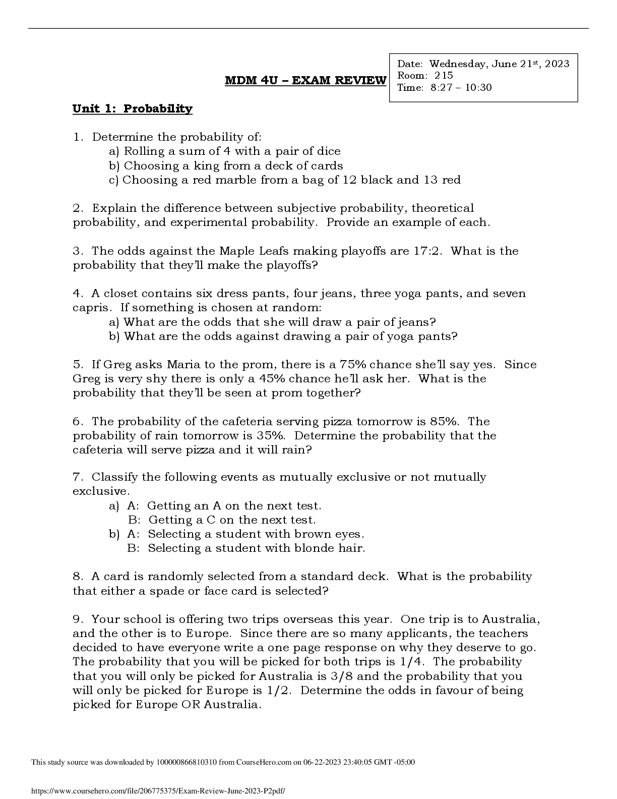 Preview image for MDM 4U-EXAM REVIEW 2023