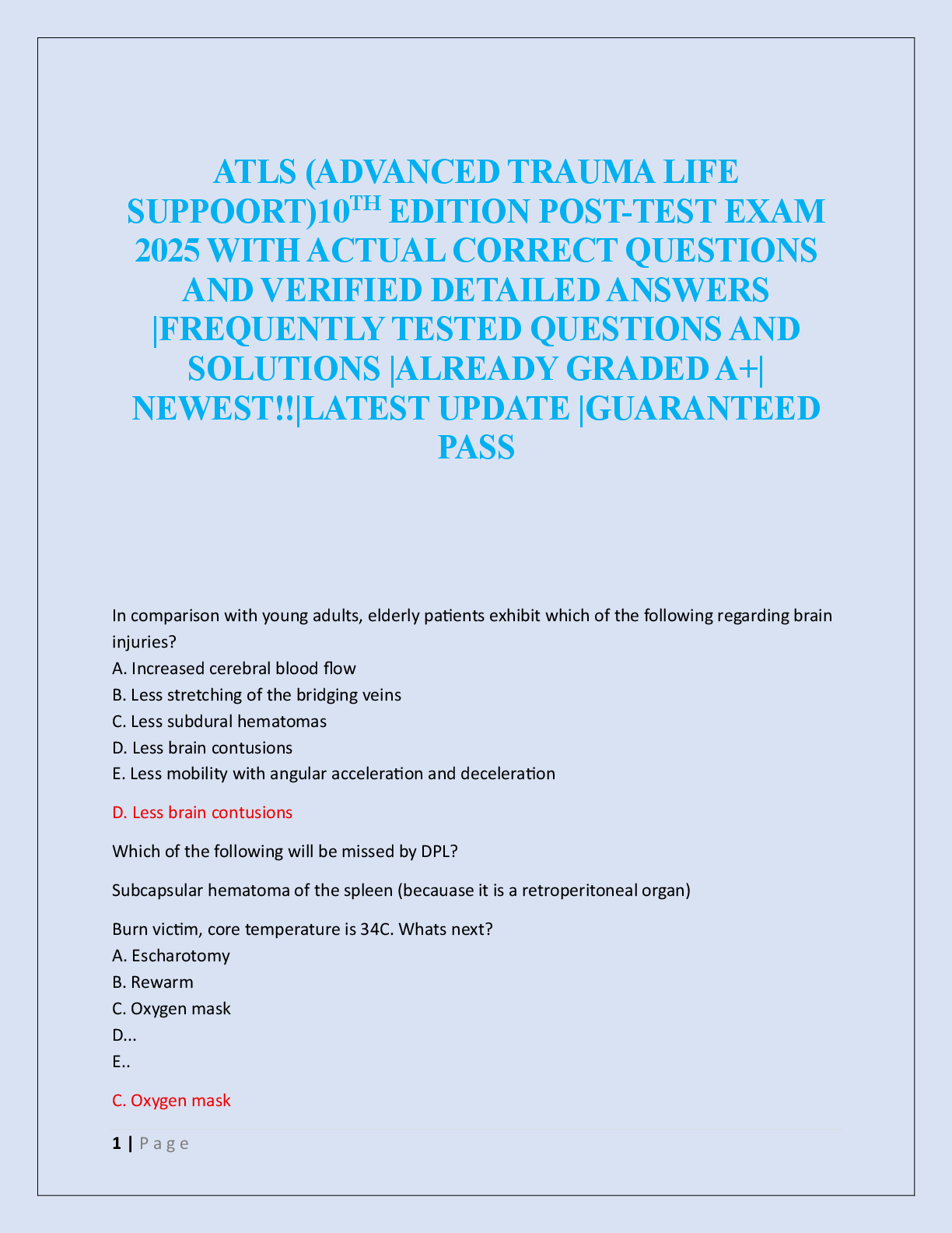 Preview image for ATLS (ADVANCED TRAUMA LIFE  SUPPOORT)10TH EDITION POST-TEST EXAM   2025