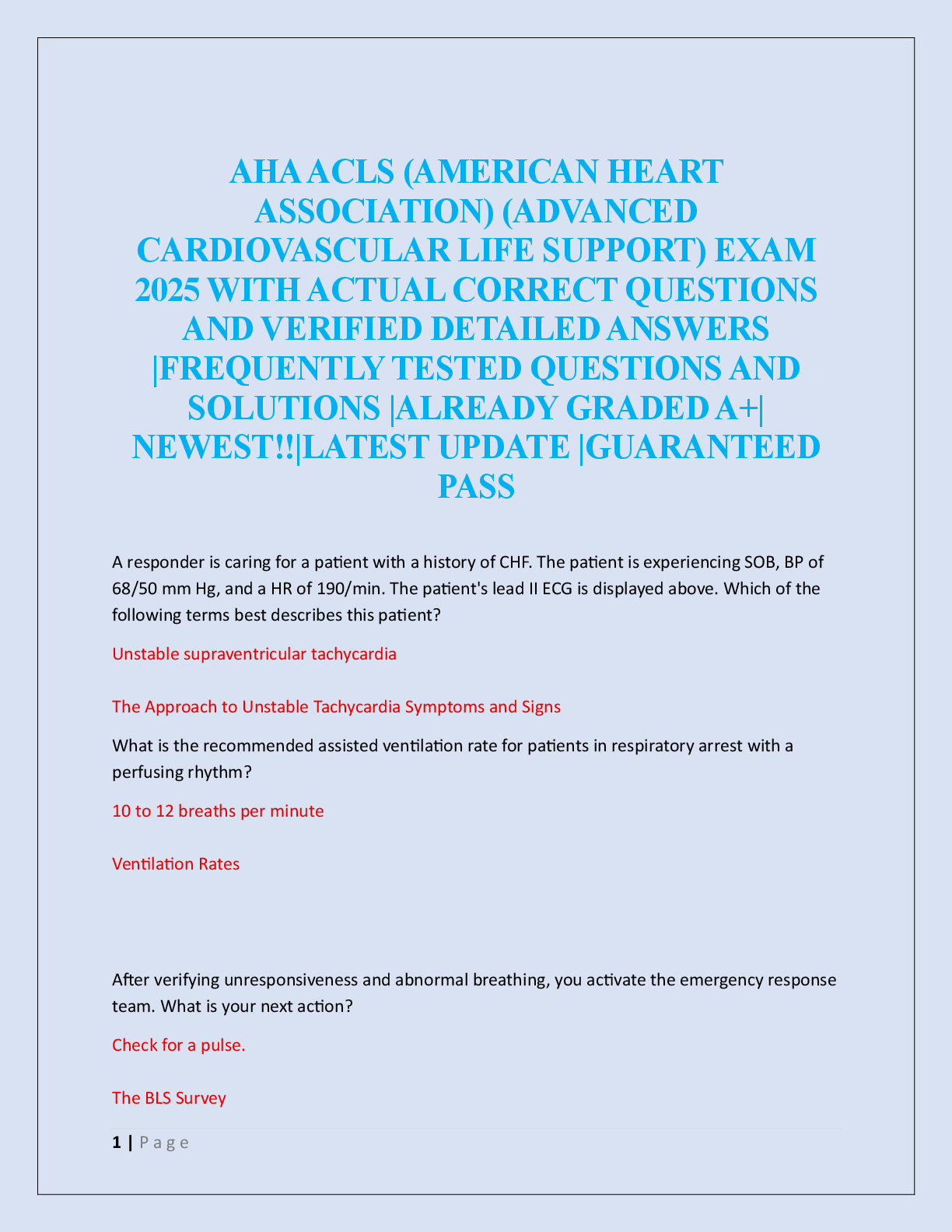 Preview image for AHA ACLS (AMERICAN HEART  ASSOCIATION) (ADVANCED  CARDIOVASCULAR LIFE SUPPORT) EXAM