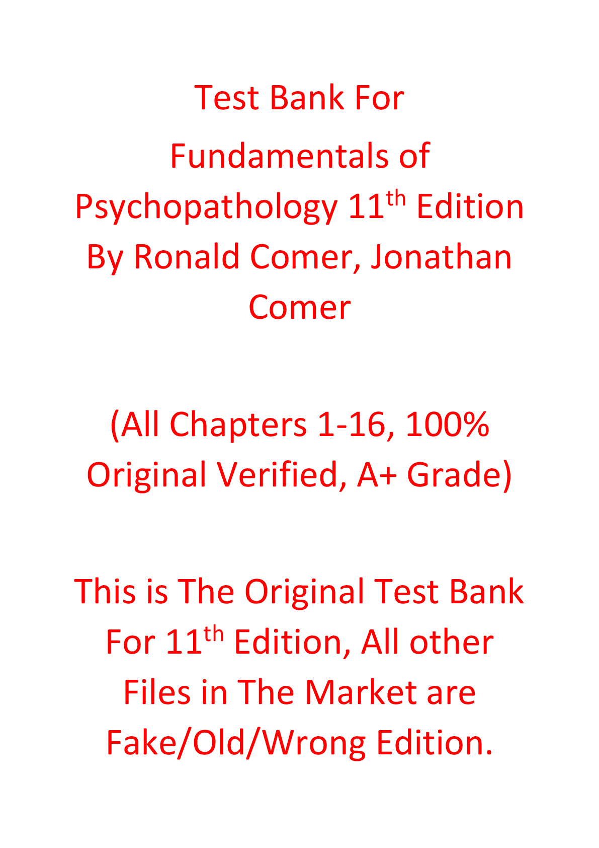 Test Bank For Fundamentals of Psychopathology 11th Edition BY Ronald Comer, Jonathan Comer