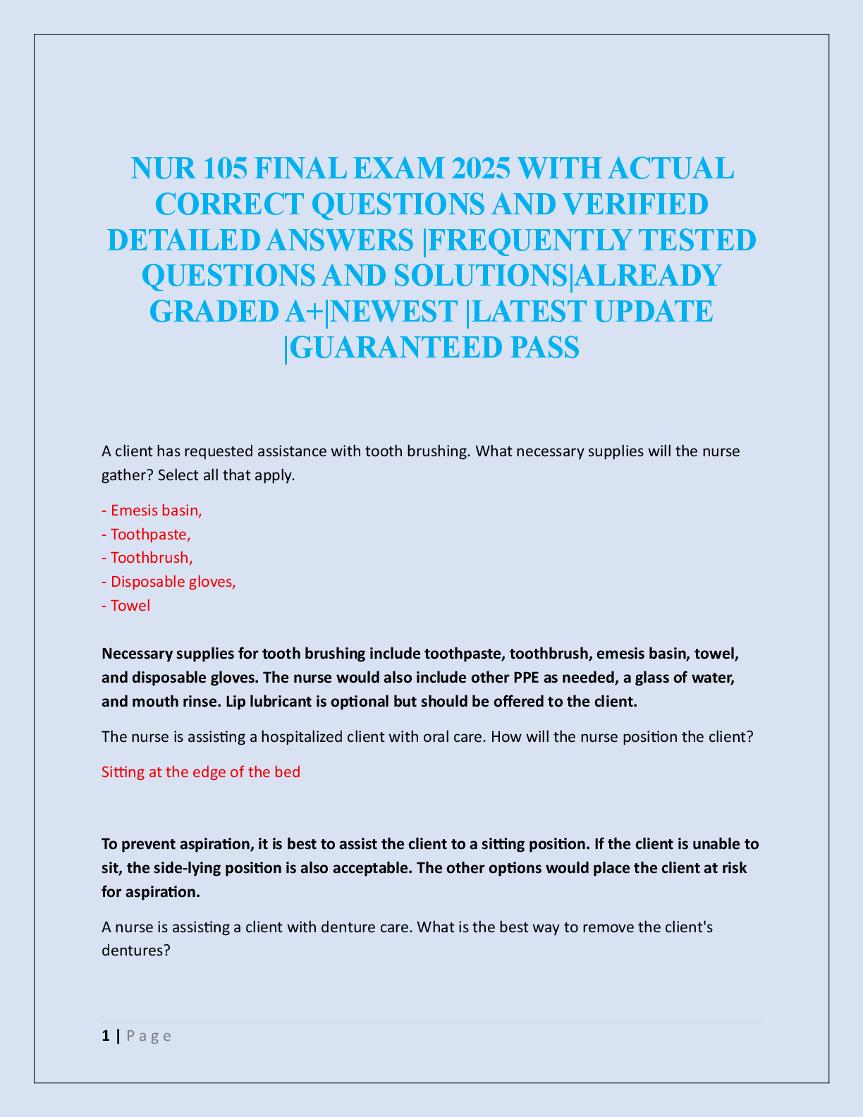 NUR 105 FINAL EXAM 2025