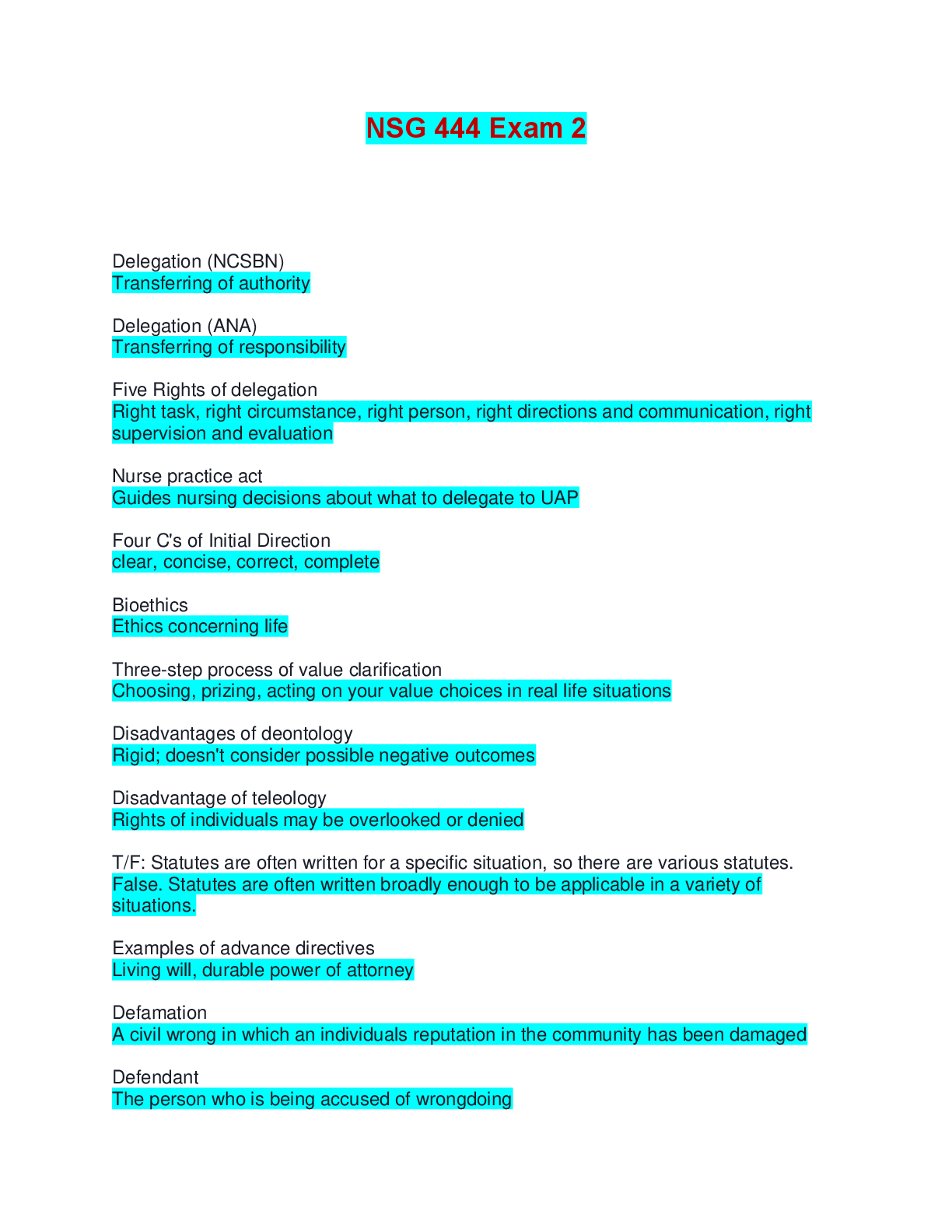 NSG 444 Exam 2 | Questions and Answers