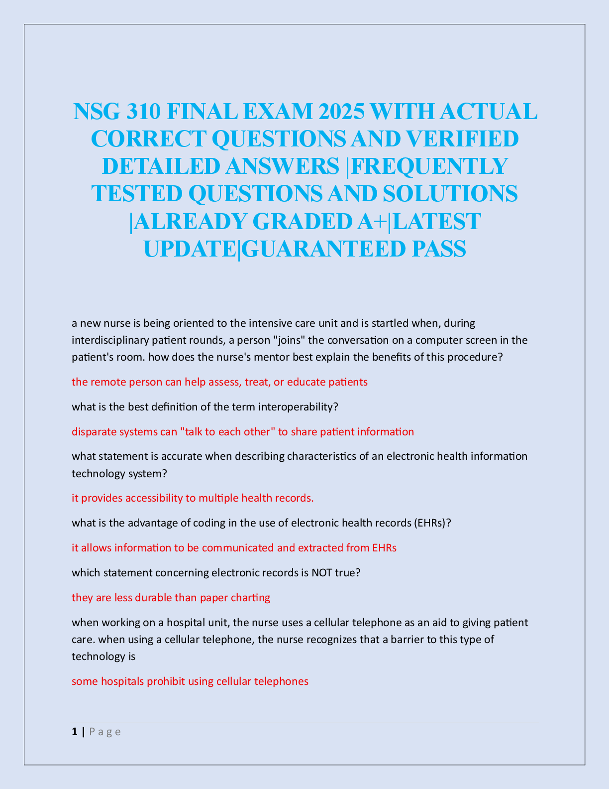 Preview of NSG 310 FINAL EXAM 2025