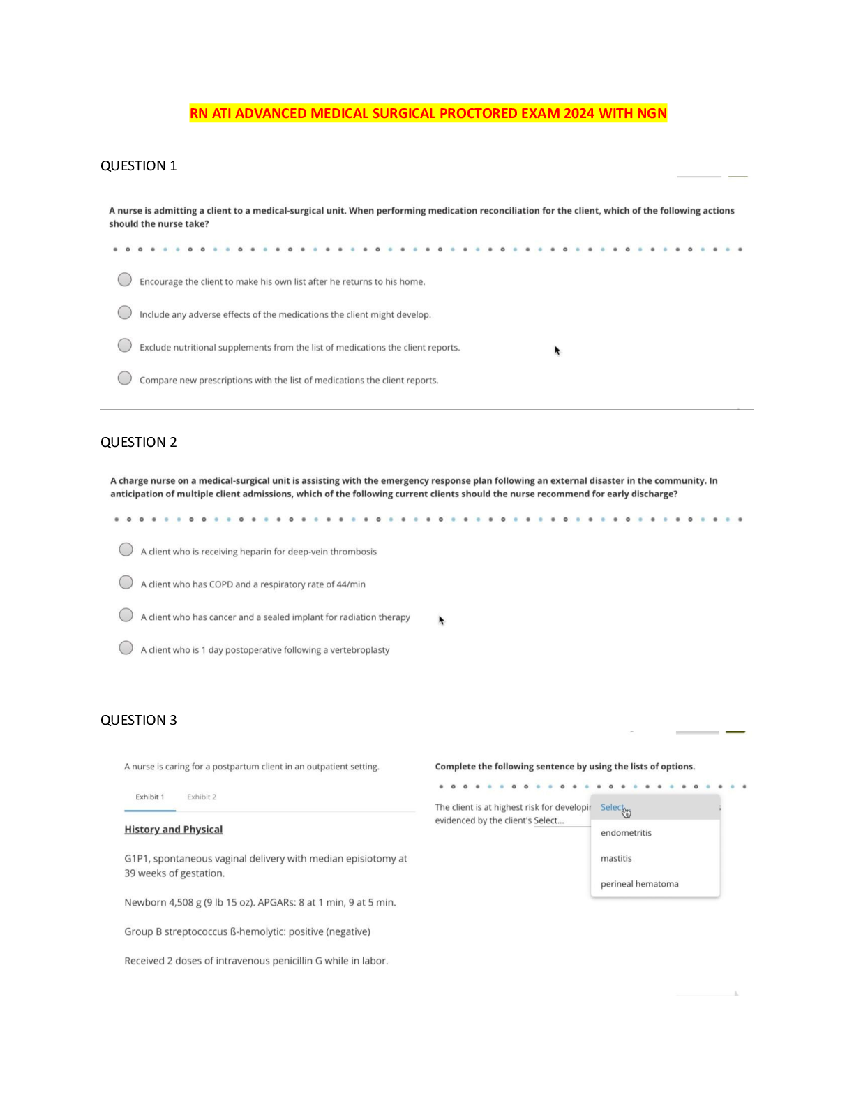 Preview image for RN ATI ADVANCED MEDICAL SURGICAL PROCTORED EXAM 2024 WITH NGN