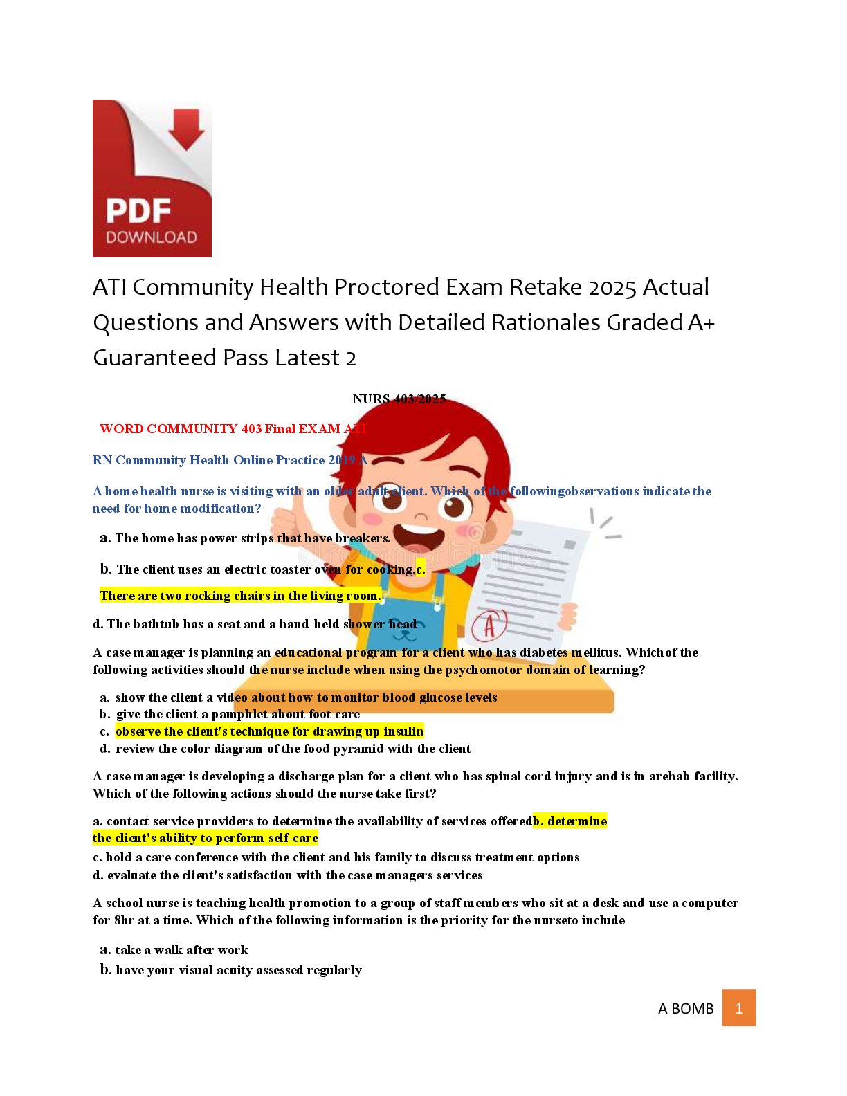 Recommended document preview for ATI Community Health Proctored Exam Retake 2025 Actual  Questions and Answers with Detailed Rationales Graded A+  Guaranteed Pass Latest 2