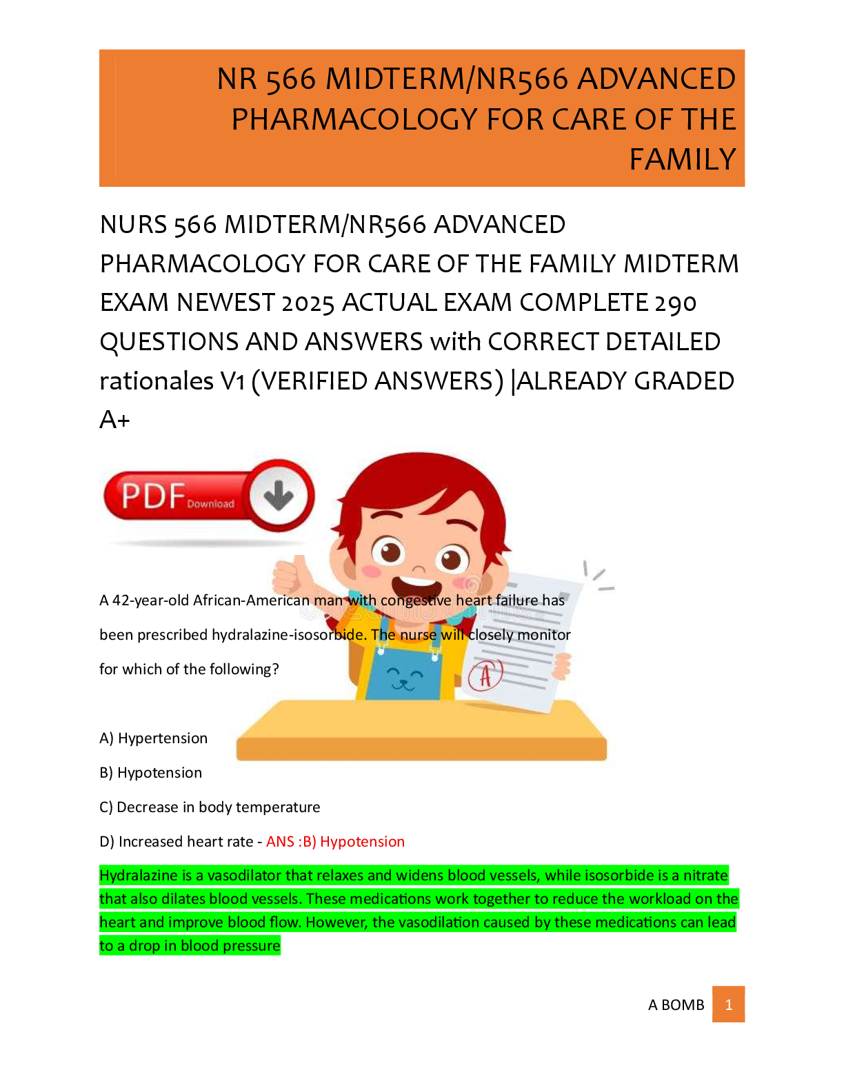 Preview of NURS 566 MIDTERM/NR566 ADVANCED  PHARMACOLOGY FOR CARE OF THE FAMILY MIDTERM  EXAM NEWEST 2025 ACTUAL EXAM COMPLETE 290  QUESTIONS AND ANSWERS with CORRECT DETAILED  rationales V1 (VERIFIED ANSWERS) |ALREADY GRADED  A+