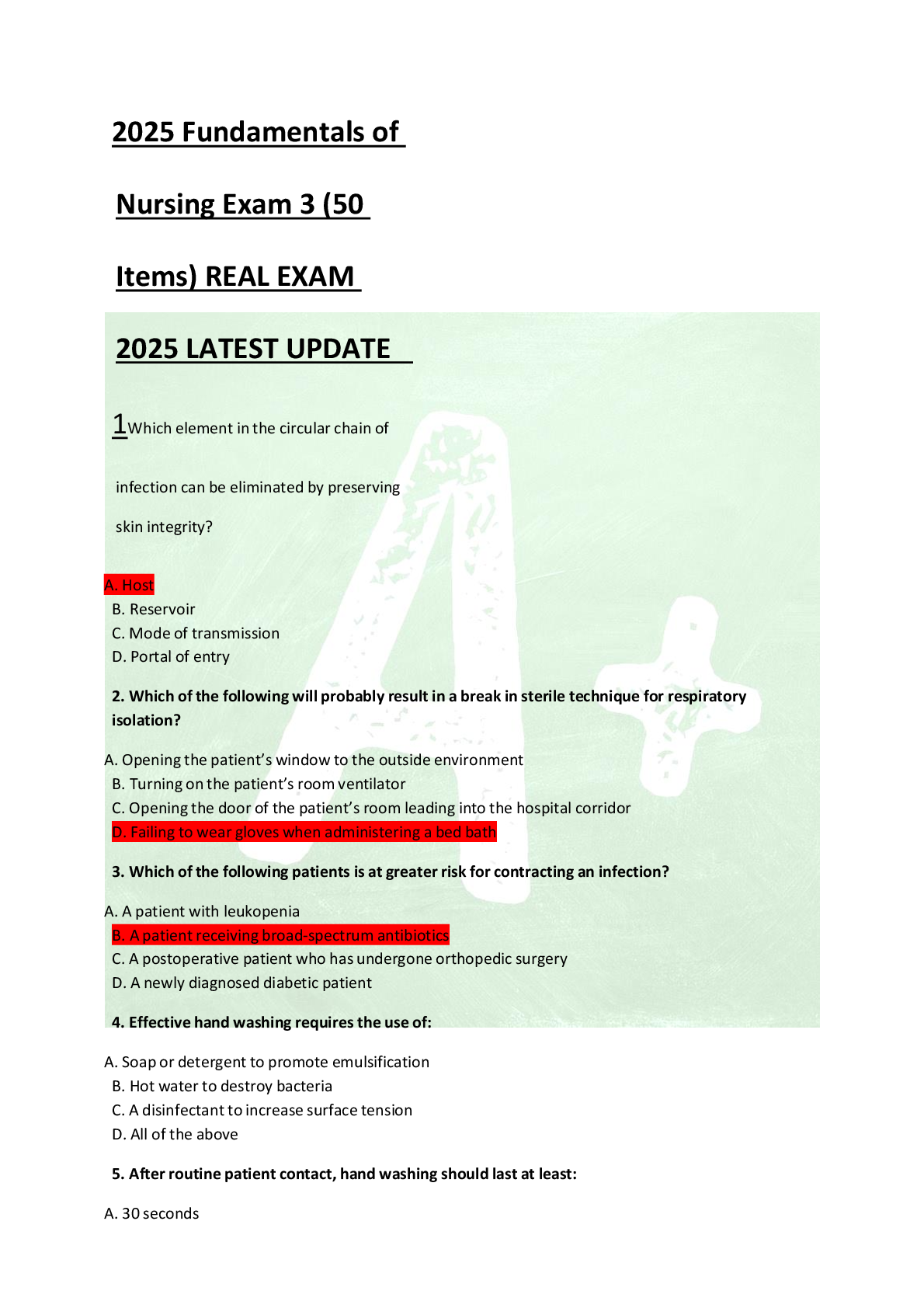 Preview image for 2025 Fundamentals of Nursing Exam 3 (50 Items) REAL EXAM 2025 LATEST UPDATE