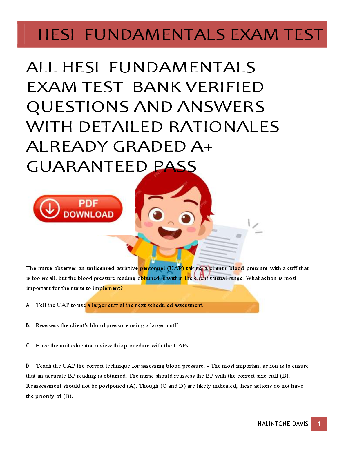 Preview of ALL HESI  FUNDAMENTALS  EXAM TEST  BANK VERIFIED  QUESTIONS AND ANSWERS  WITH DETAILED RATIONALES  ALREADY GRADED A+  GUARANTEED PASS