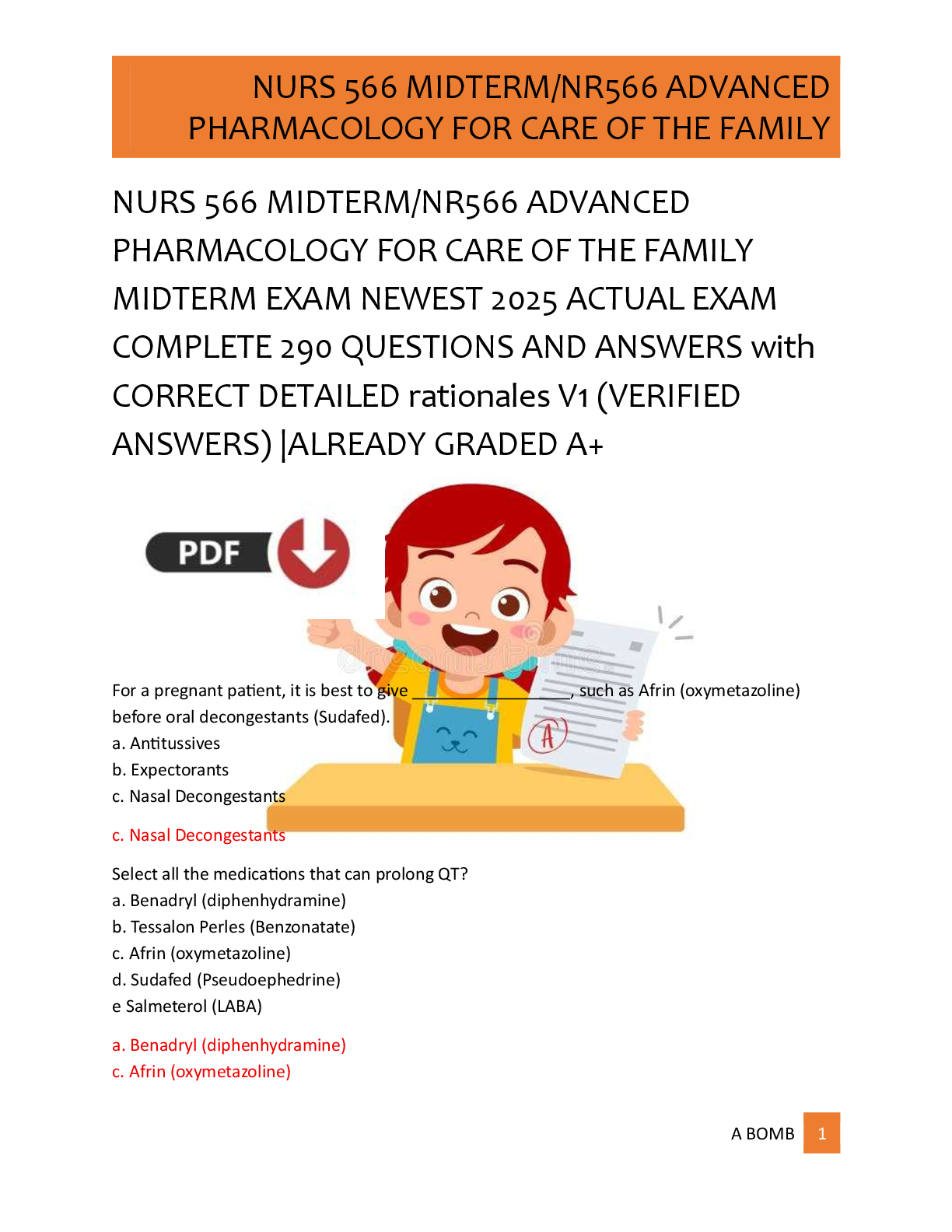 Preview of NURS 566 MIDTERM/NR566 ADVANCED  PHARMACOLOGY FOR CARE OF THE FAMILY  MIDTERM EXAM NEWEST 2025 ACTUAL EXAM  COMPLETE 290 QUESTIONS AND ANSWERS with  CORRECT DETAILED rationales V1 (VERIFIED  ANSWERS) |ALREADY GRADED A+
