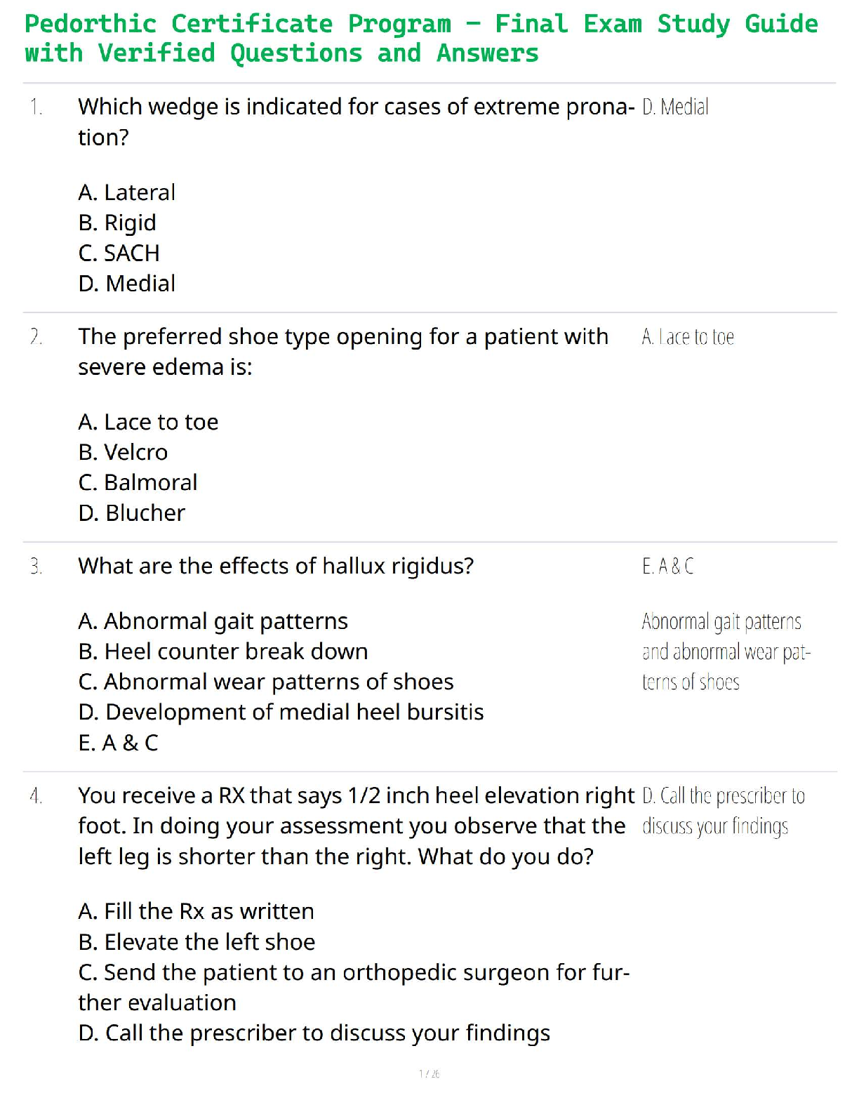 Pedorthic Certificate Program – Final Exam Study Guide with Verified Questions and Answers