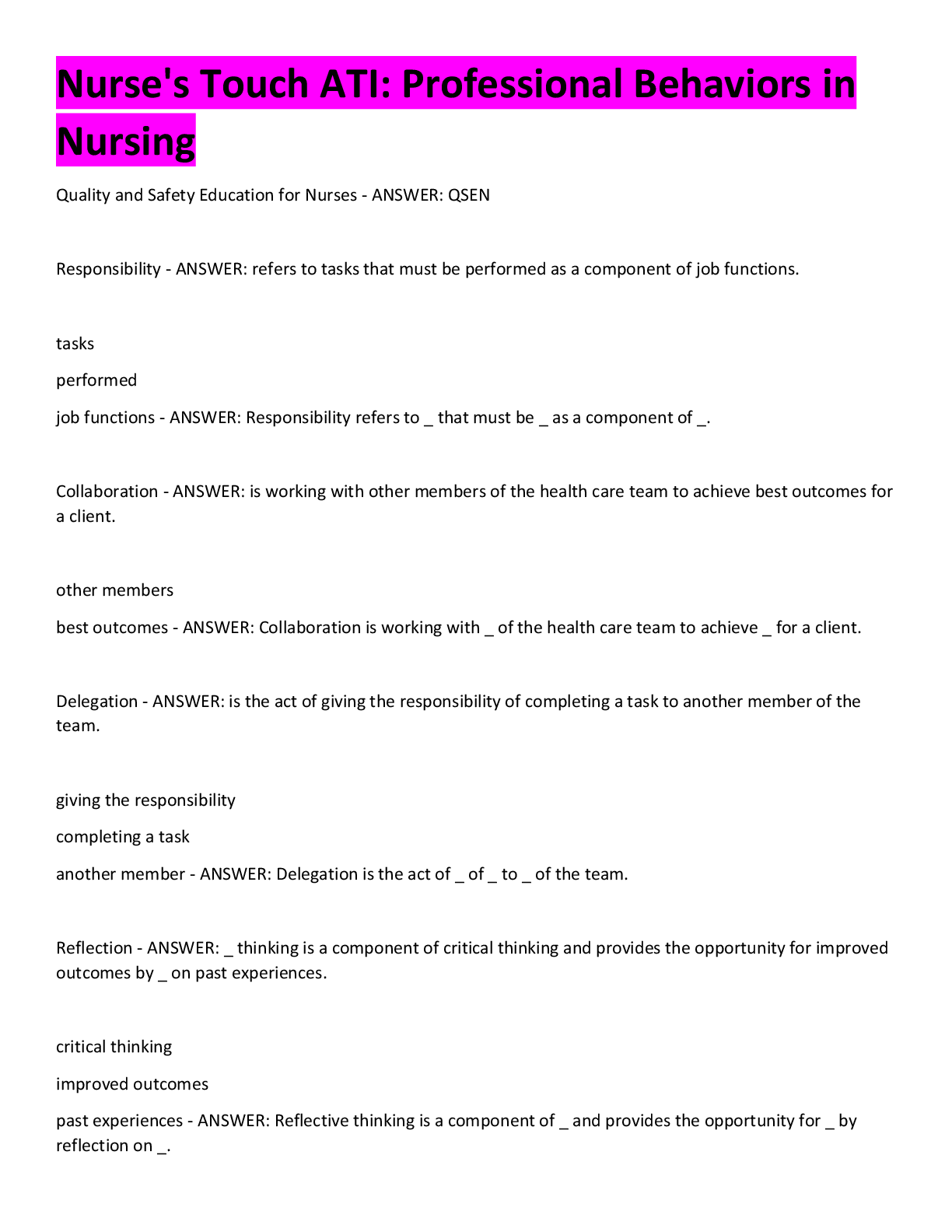 Preview image for Nurse's Touch ATI: Professional Behaviors in Nursing