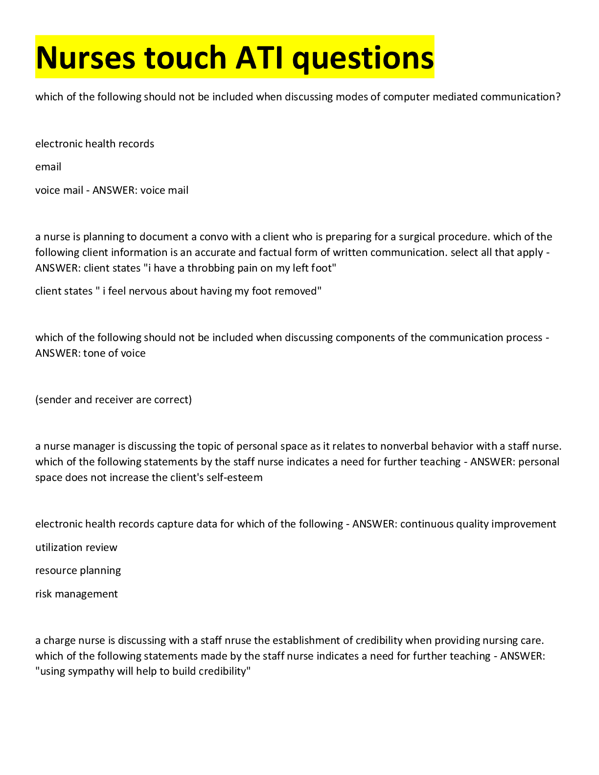 Preview image for Nurses touch ATI questions