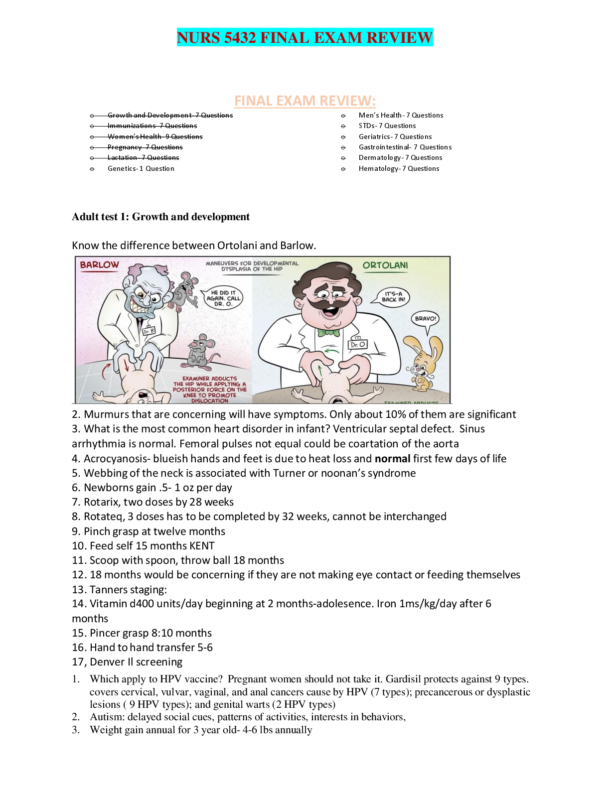 NURS 5432 FINAL EXAM REVIEW | UNIVERSITY OF TEXAS, ARLINGTON