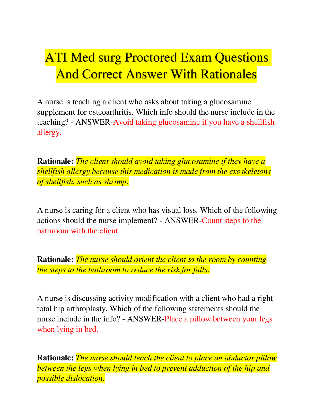 Preview image for ATI Med surg Proctored Exam Questions  And Correct Answer With Rationales