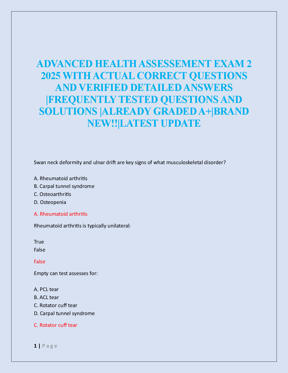 Preview of ADVANCED HEALTH ASSESSEMENT EXAM 2  2025