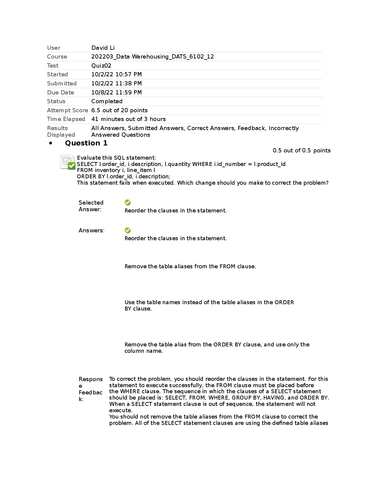 Preview image for DATS 6102 Data Warehousing Quizbank (1)