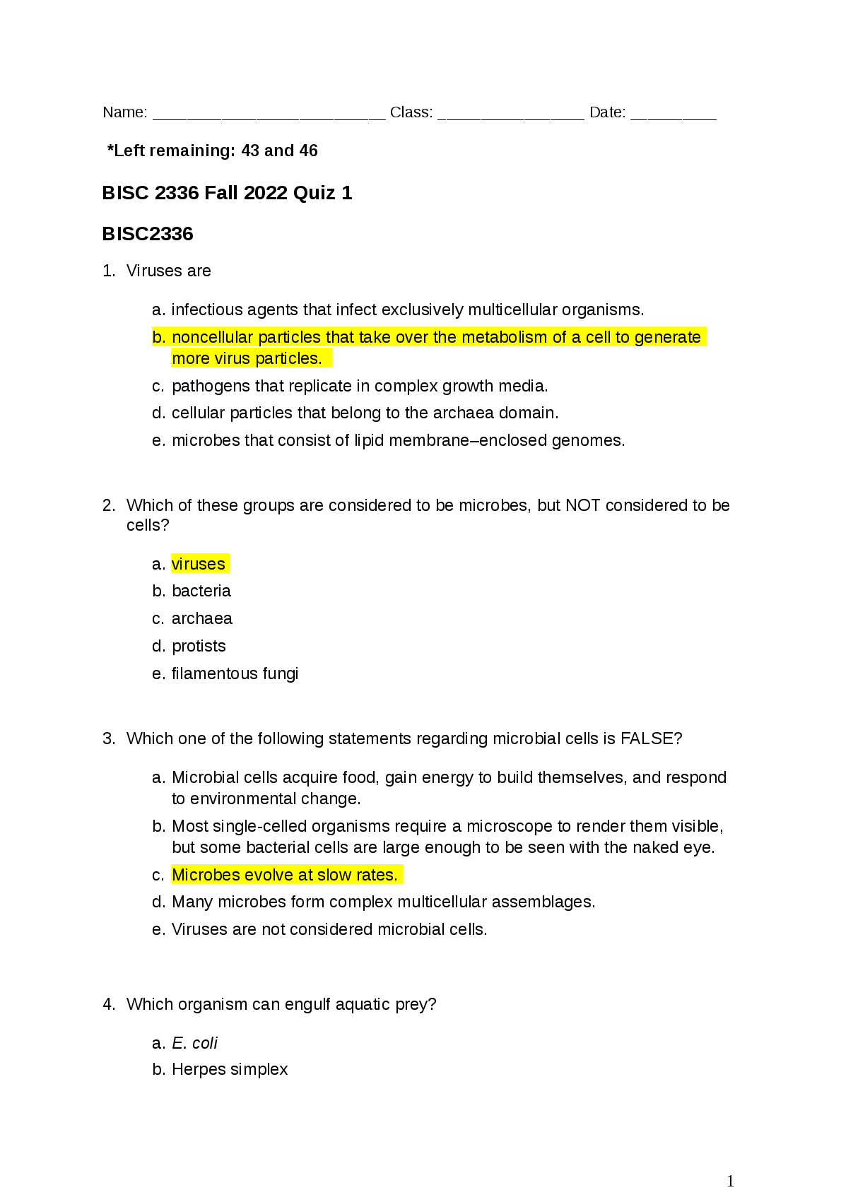 Preview image for BISC 2336 Fall 2022 Quiz 1