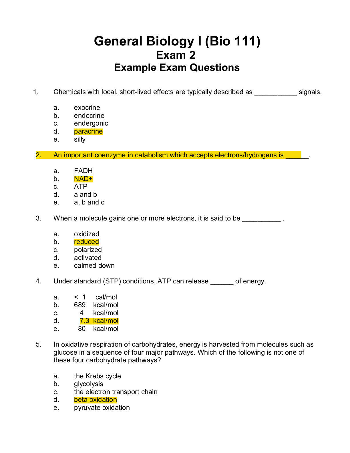 Preview image for General Biology I (Bio 111) Exam 2 Questions and Answers